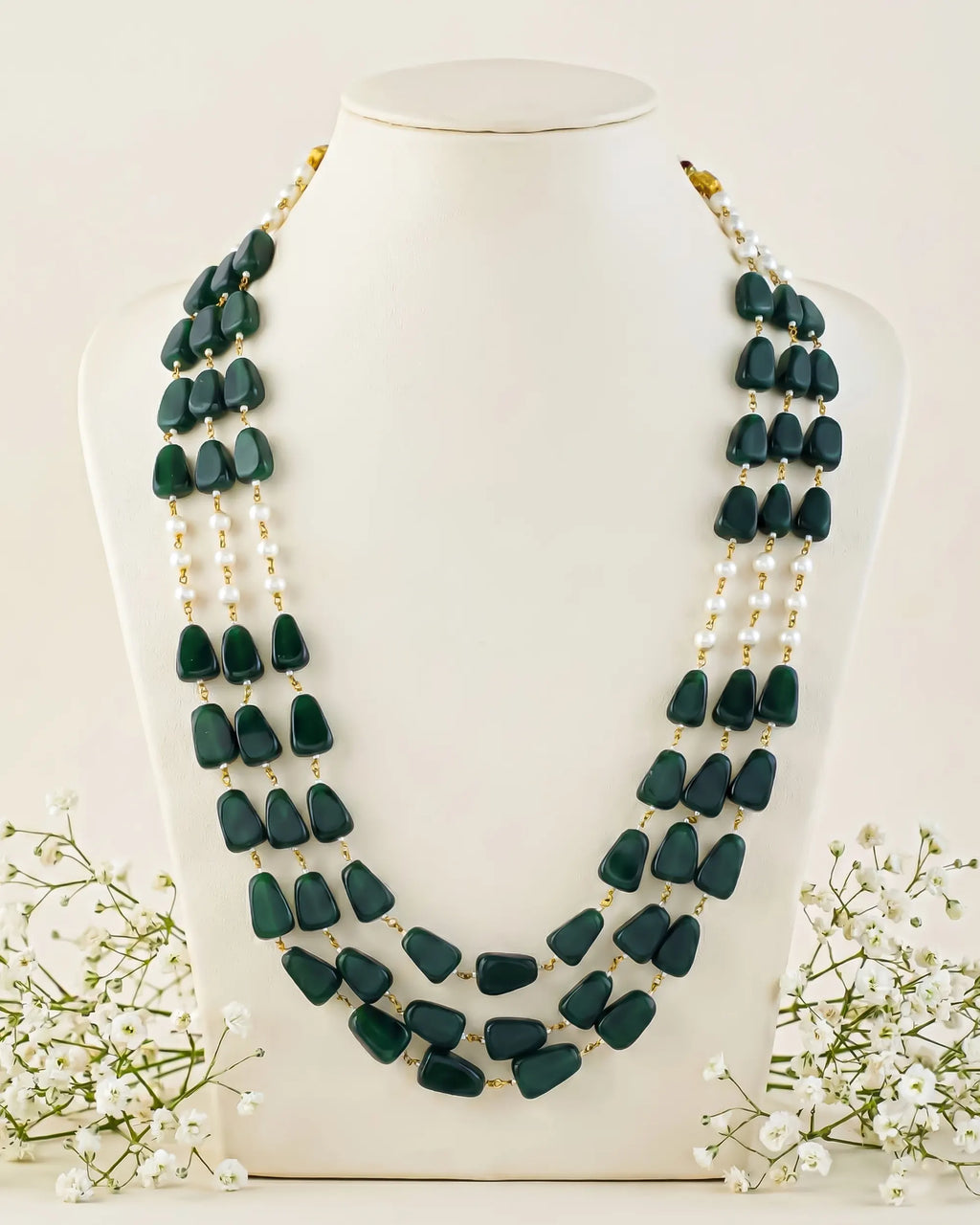 Emerald Green Layered Groom Mala, Men's Pearl Wedding Necklace, Sherwani Jewelry