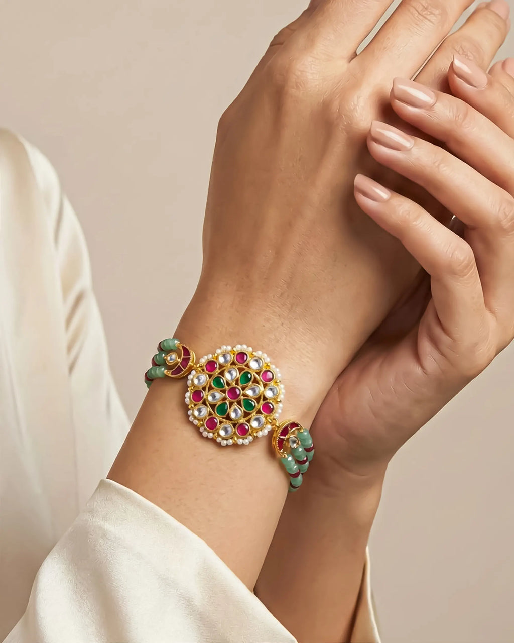 Handcrafted Pachi Kundan Bracelet, Gold Plated Meenakari Kada, Green Beaded Bridal Jewelry