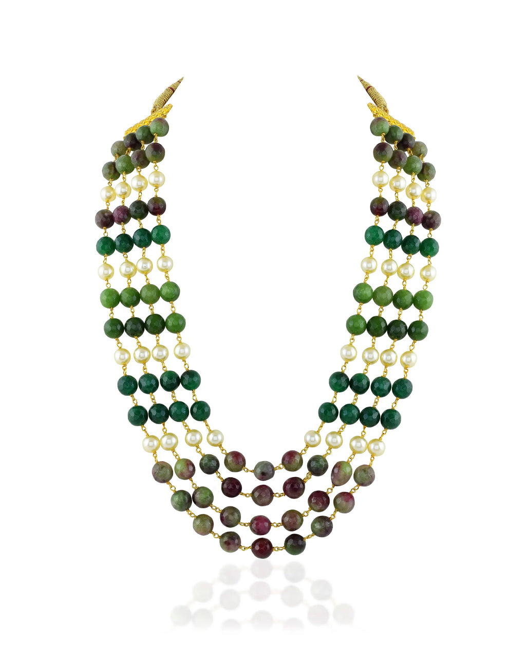 Layered Green Gemstone Pearl Groom Mala Necklace, Royal Jaipur Heritage Jewelry