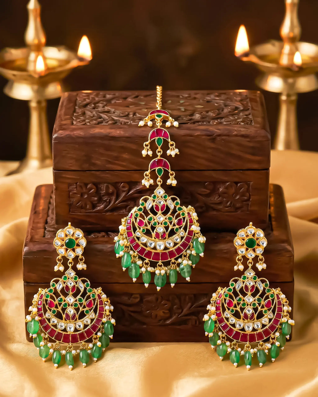 Ruby Emerald Kundan Chandbali and Tikka Set, Indian Bridal Wedding Jewelry
