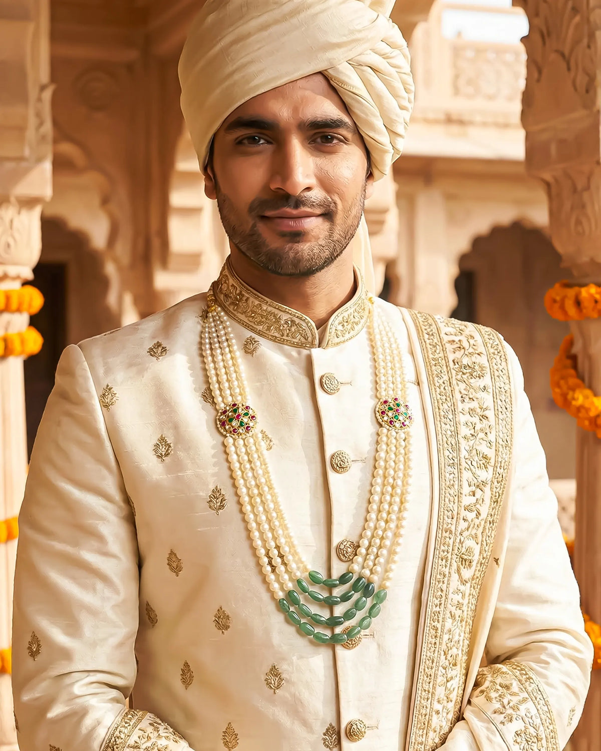 Men's Emerald Ruby Pearl Choker, Royal Jaipur Groom Necklace