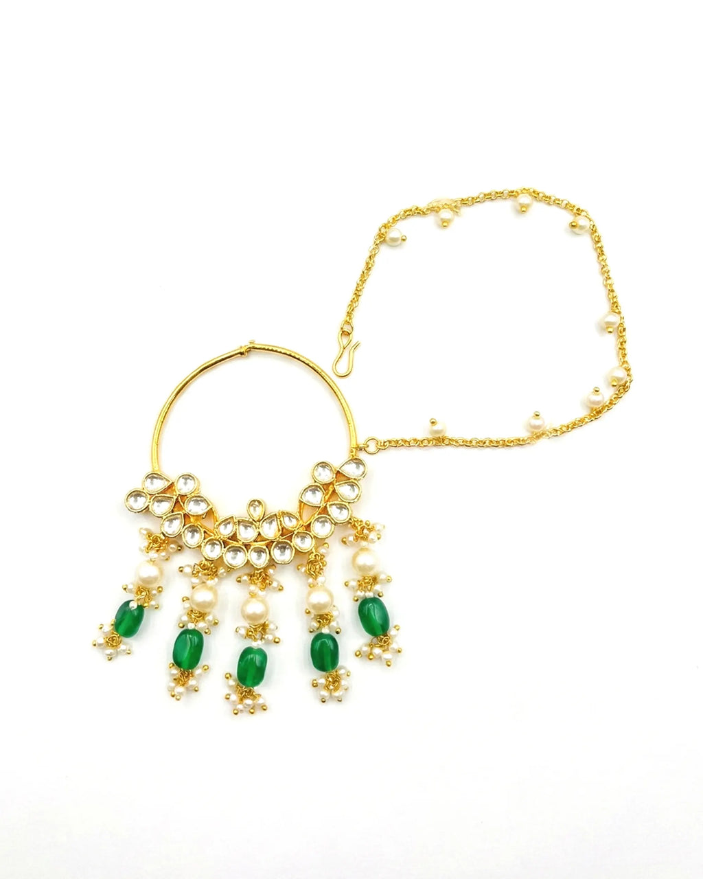 Vergoldete Braut-Nath mit Kundan-Halbmond | Nasenring mit Perlen-Smaragd-Tropfen, Sahara-Kette
