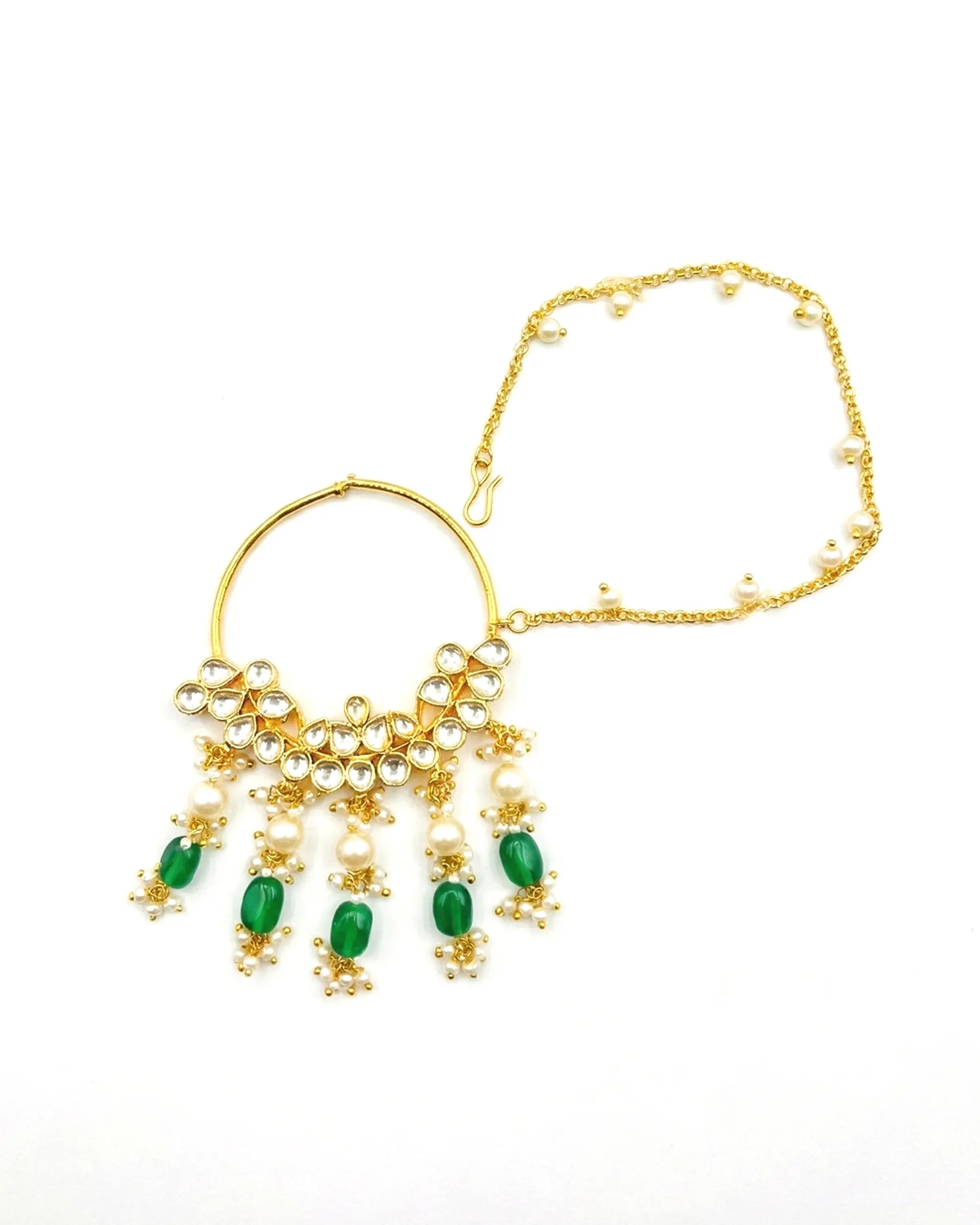 Gold Plated Bridal Nath with Kundan Crescent | Pearl Emerald Drop Nose Ring, Sahara Chain