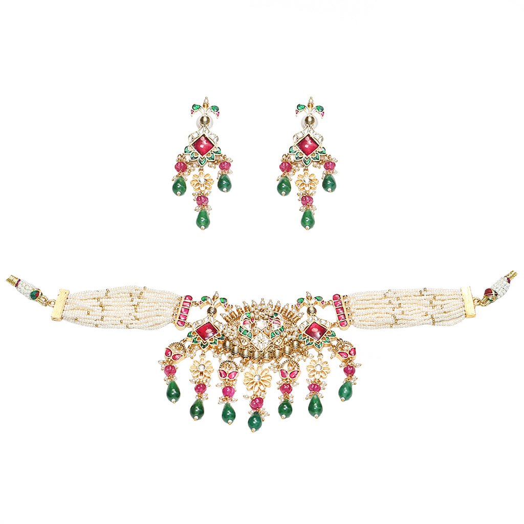 Elegant Gold Plated Choker Necklace Set with Earrings