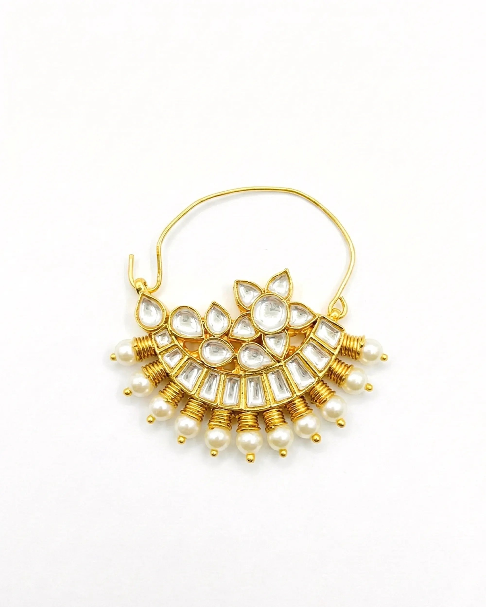 All White Kundan Bridal Nath | Gold Plated Crescent Pearl Nose Ring