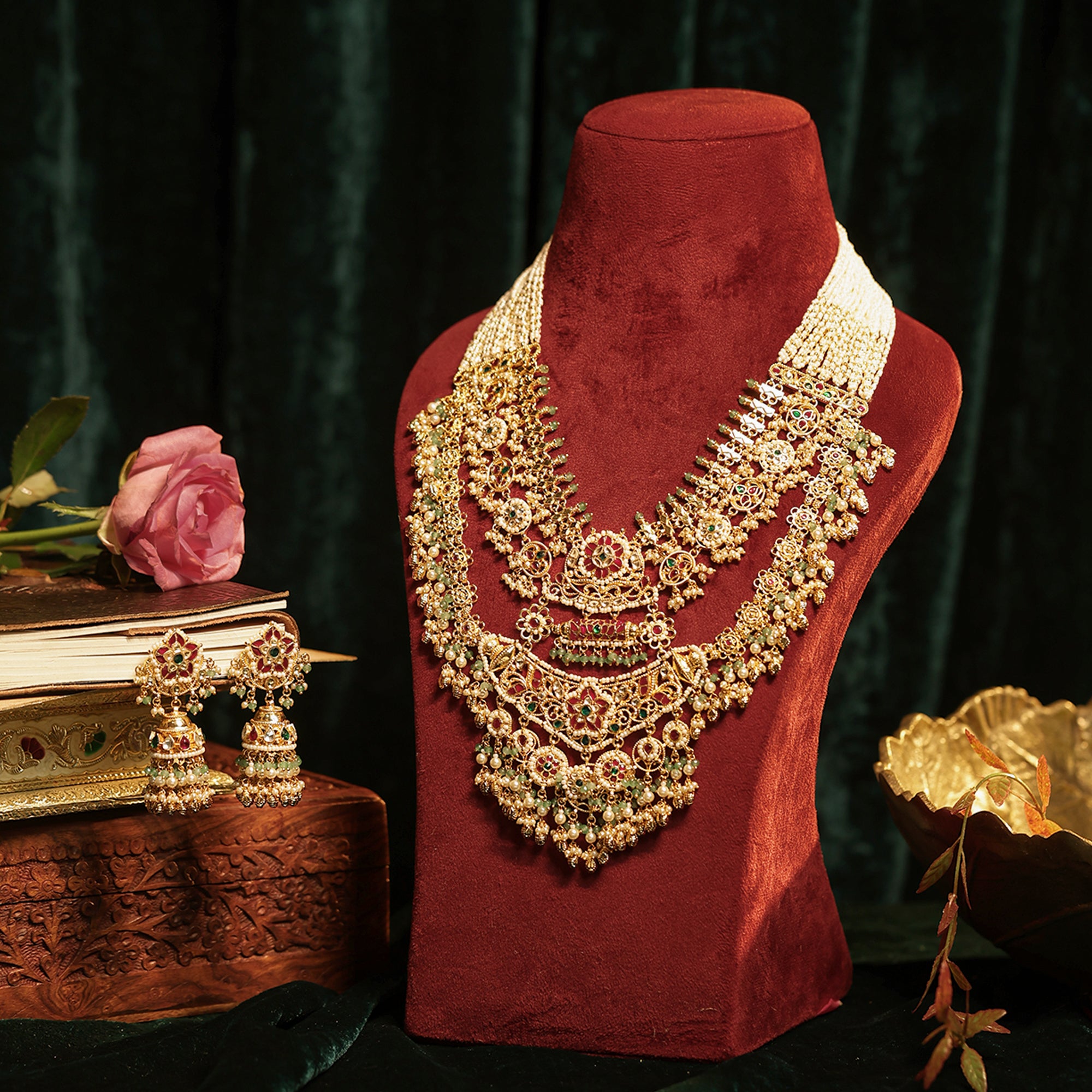 Royal Layered Rani Haar Necklace Set with Earrings