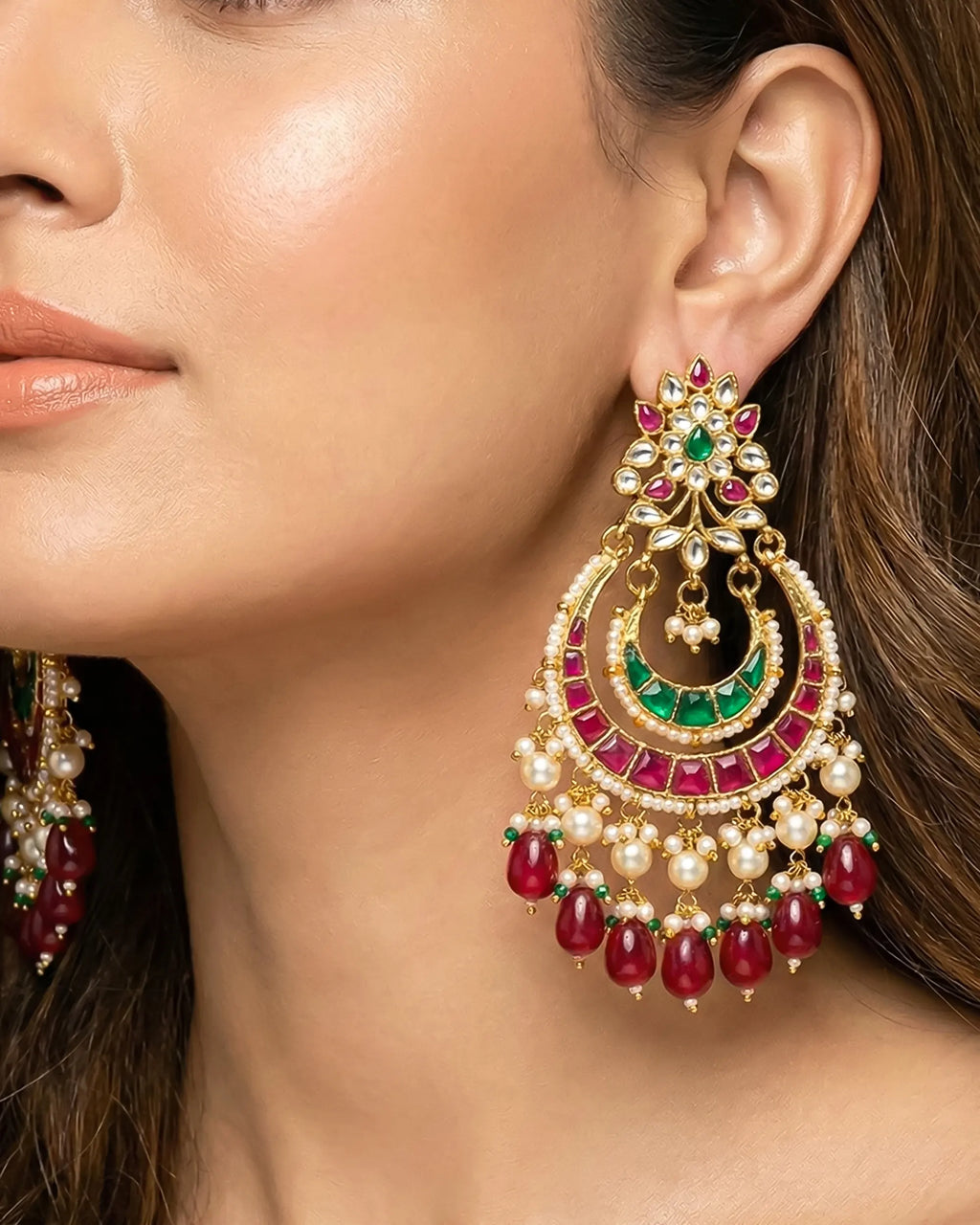 Bridal Chandbali Royal Peacock Chandbali Earrings Pachi Kundan, Ruby Tumbled Beads