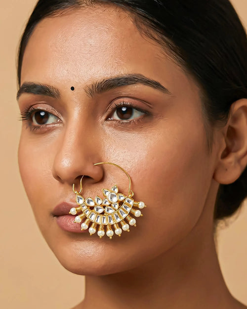 All White Kundan Bridal Nath | Gold Plated Crescent Pearl Nose Ring