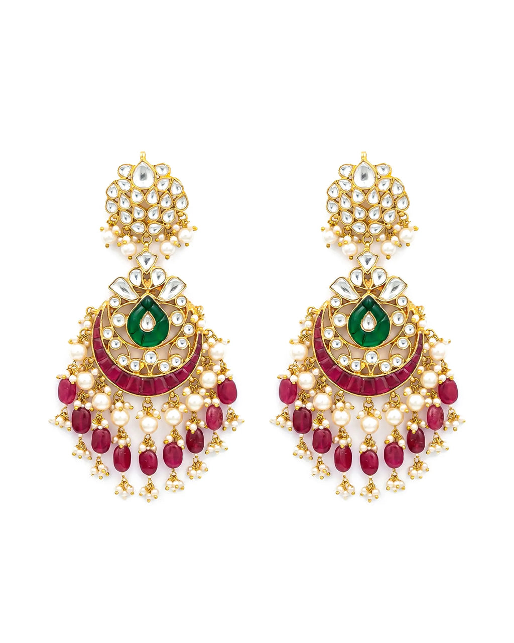 Heritage Pachi Kundan Chandbali Earrings, Emerald Teardrop Ruby Accent Bridal Jewelry