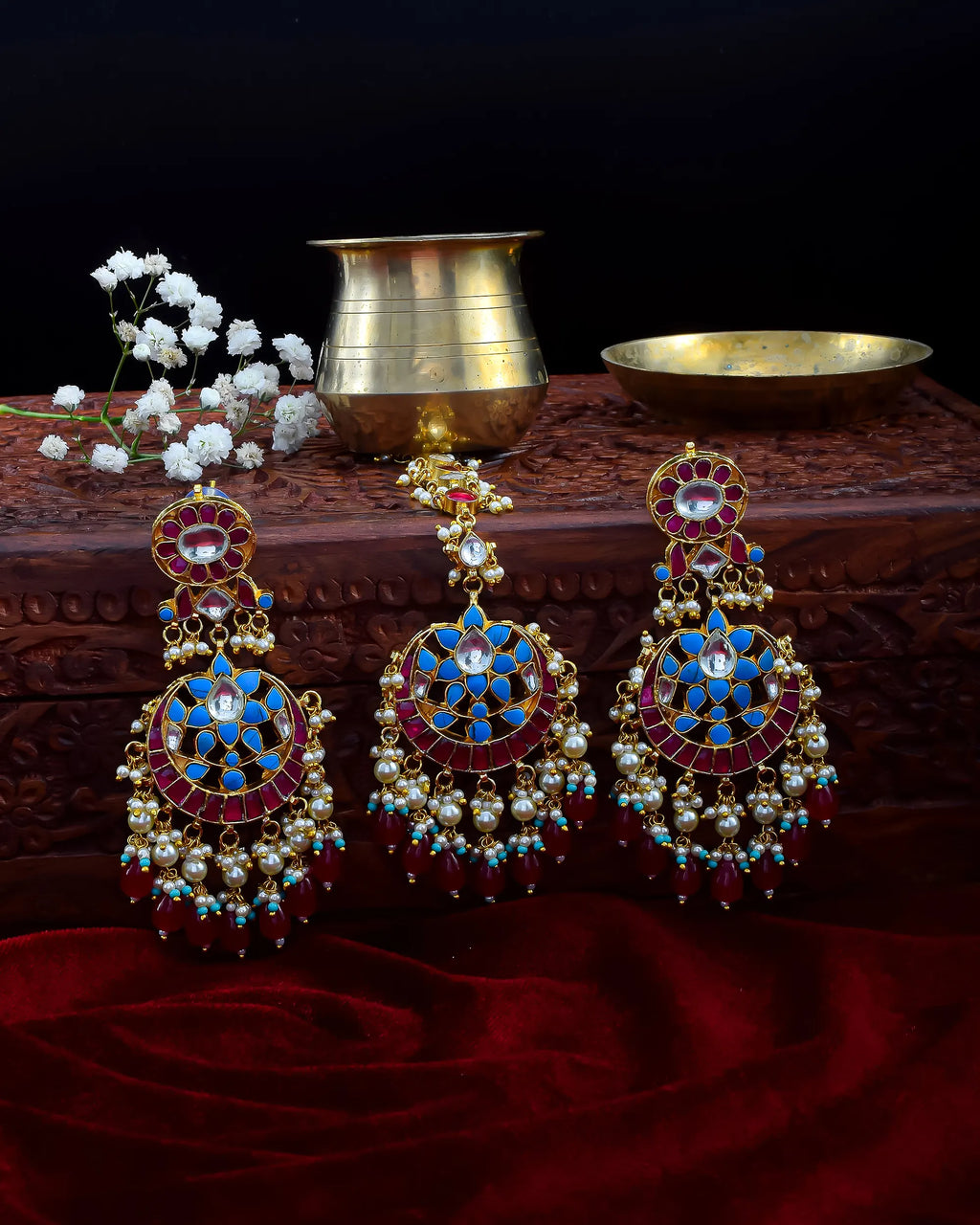 Kudan Meenakari Earring and Maang Tikka Set, Ruby Red Turquoise Bridal Jewelry