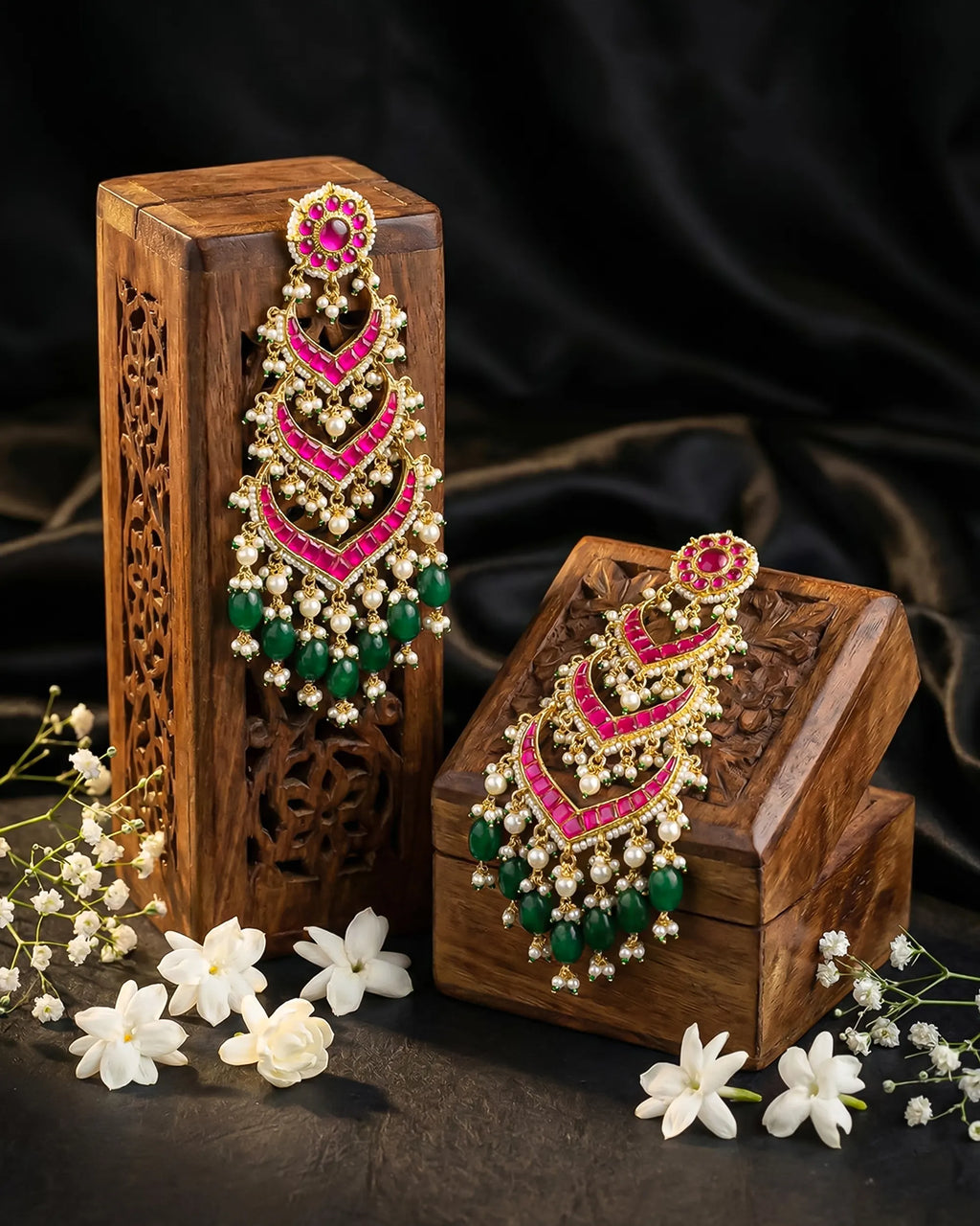 Multi Tier Ruby Pink Emerald Green Statement Chandbali Jhumka Earrings