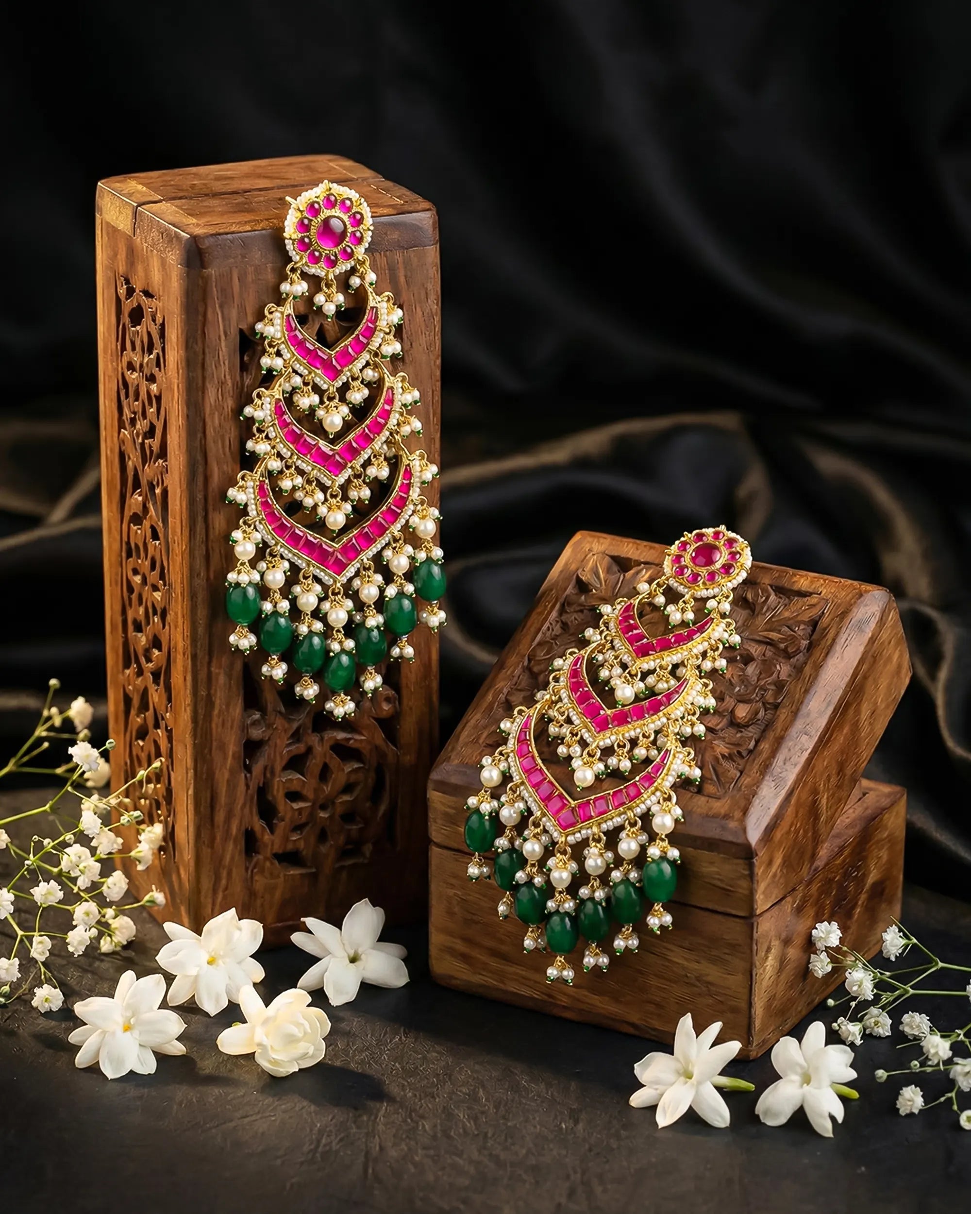 Multi Tier Ruby Pink Emerald Green Statement Chandbali Jhumka Earrings