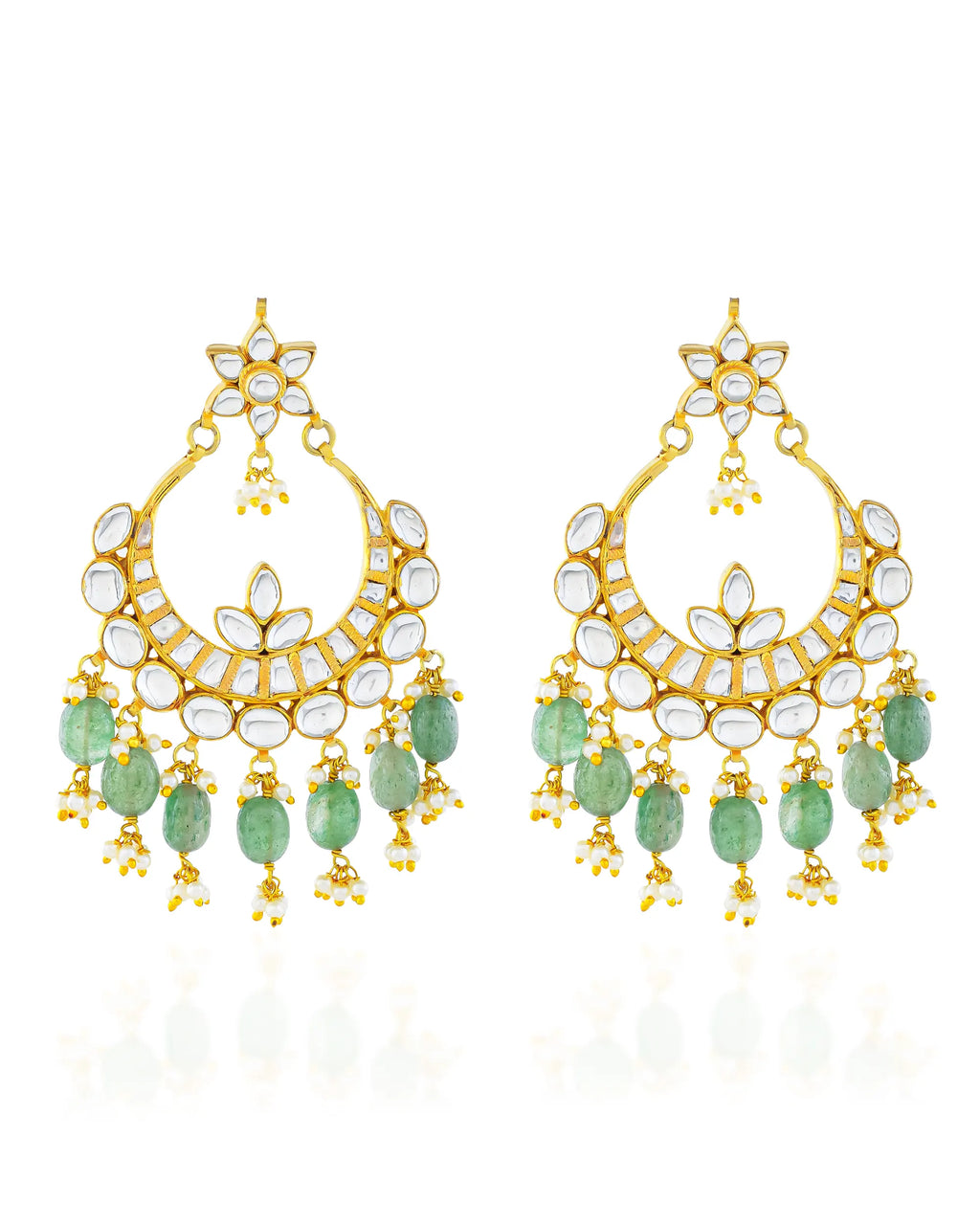 Pendientes Chandbali Heritage Pachi Kundan con Cuentas Esmeralda Menta, Racimos de Perlas