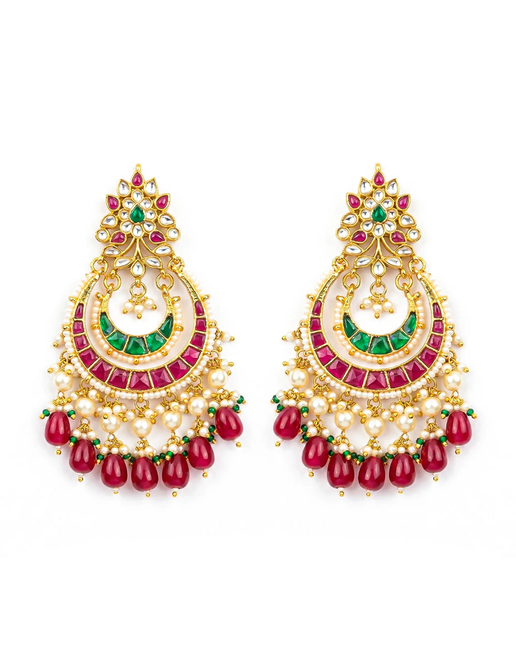 Bridal Chandbali Royal Peacock Chandbali Earrings Pachi Kundan, Ruby Tumbled Beads