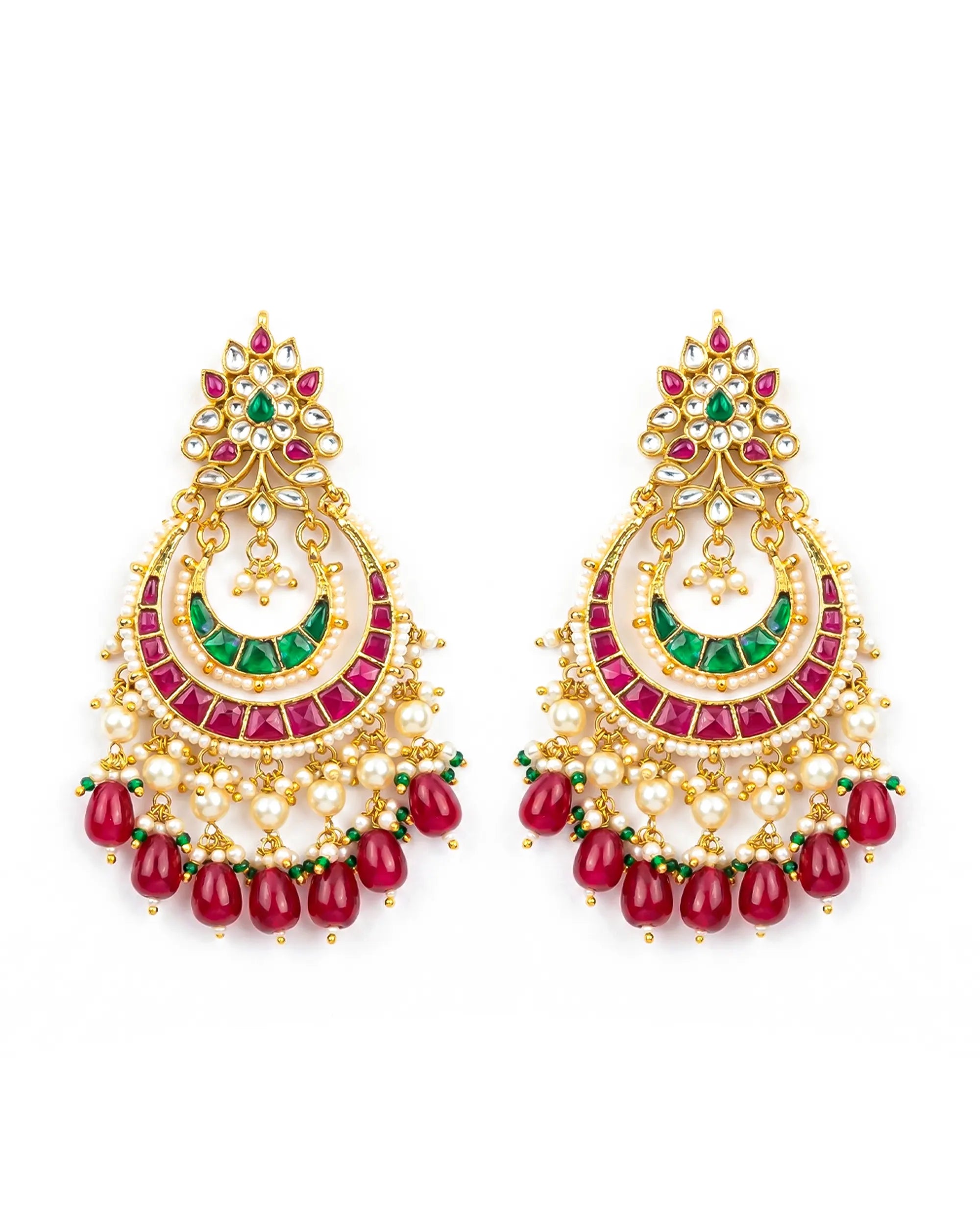Bridal Chandbali Royal Peacock Chandbali Earrings Pachi Kundan, Ruby Tumbled Beads