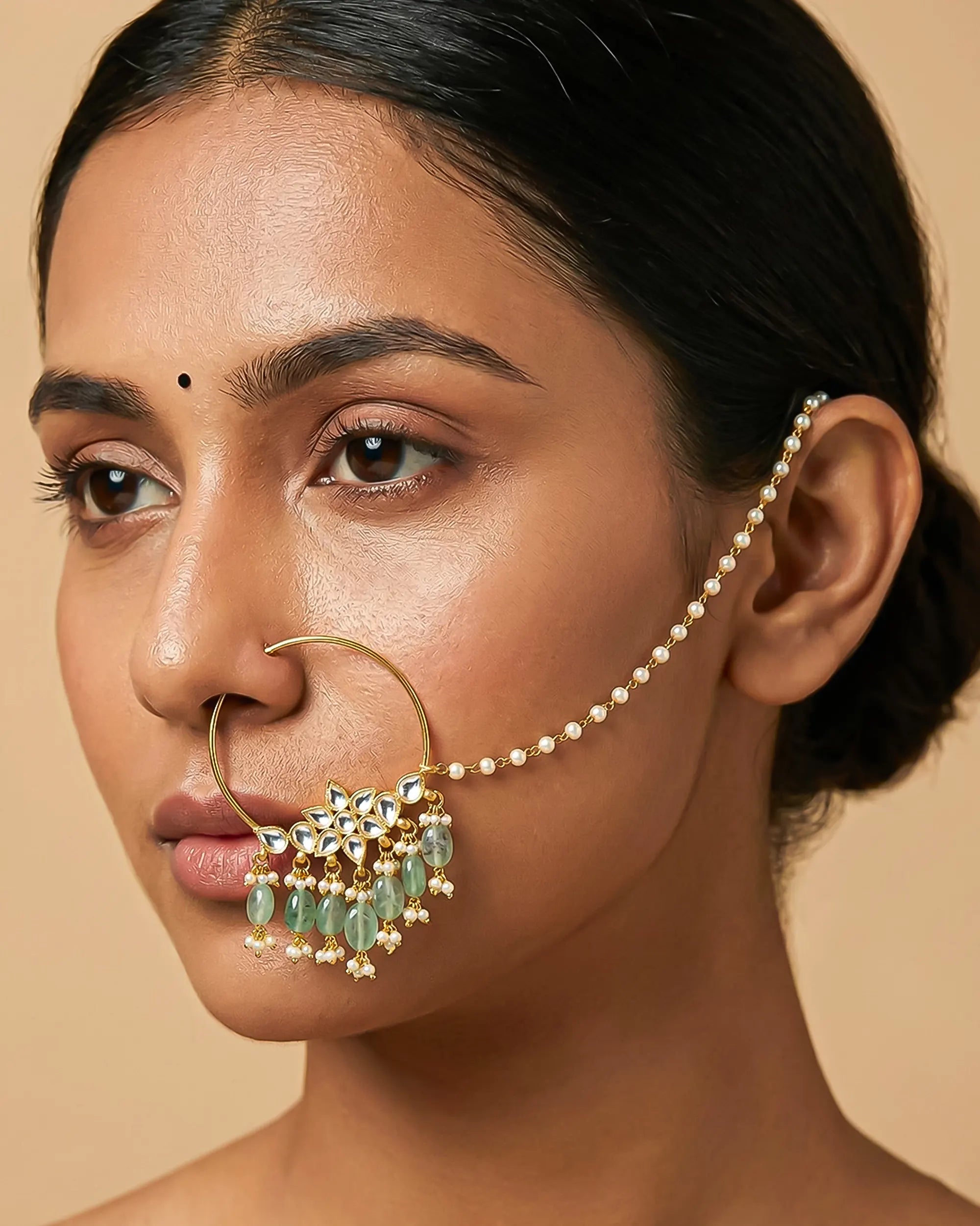 Floral Kundan Nath with Mint Green Drops, Pearl Chain Nose Ring, Indian Wedding Jewelry