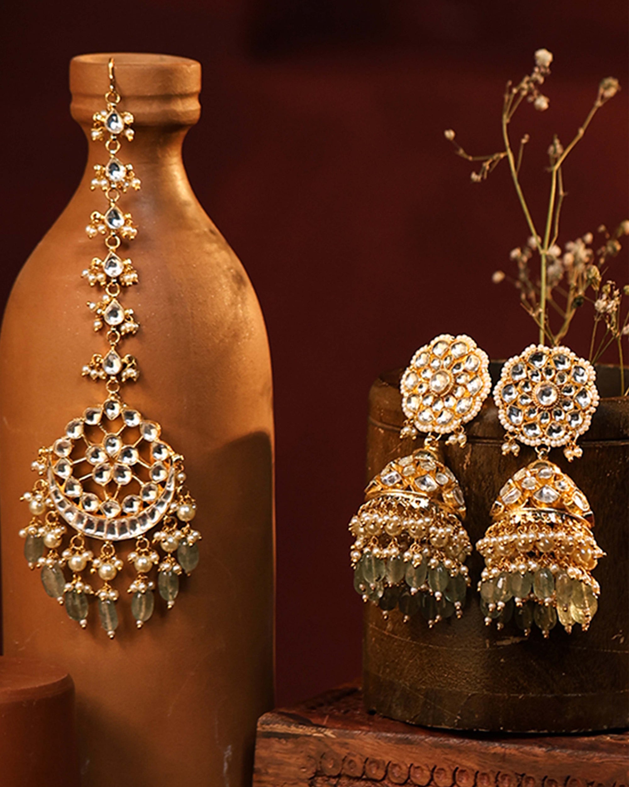 Premium Bridal Kundan Style Necklace Set with Earrings & Tikka