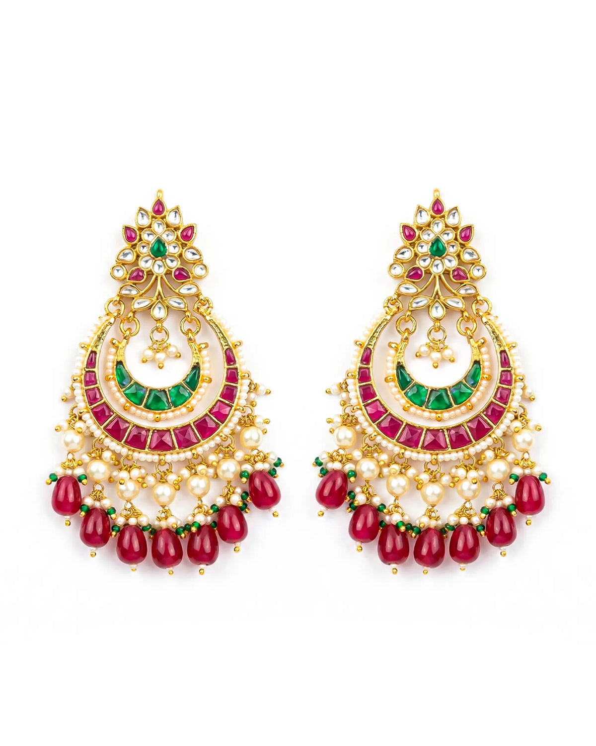 Heritage Kundan Chandbali Earrings with Ruby Emerald Accents Indian Bridal Saree Jewelry