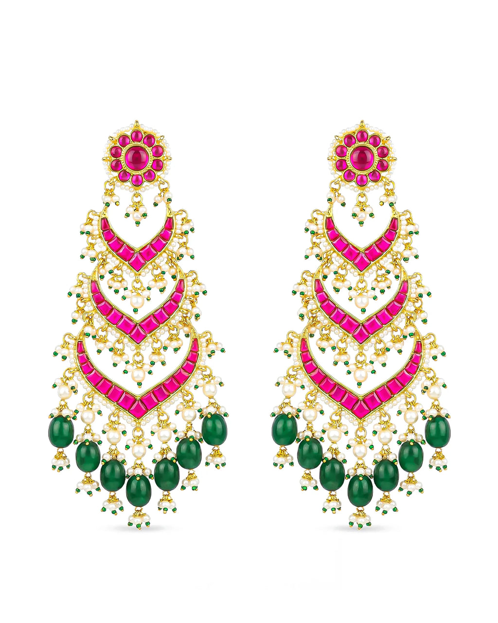 Multi Tier Ruby Pink Emerald Green Statement Chandbali Jhumka Earrings