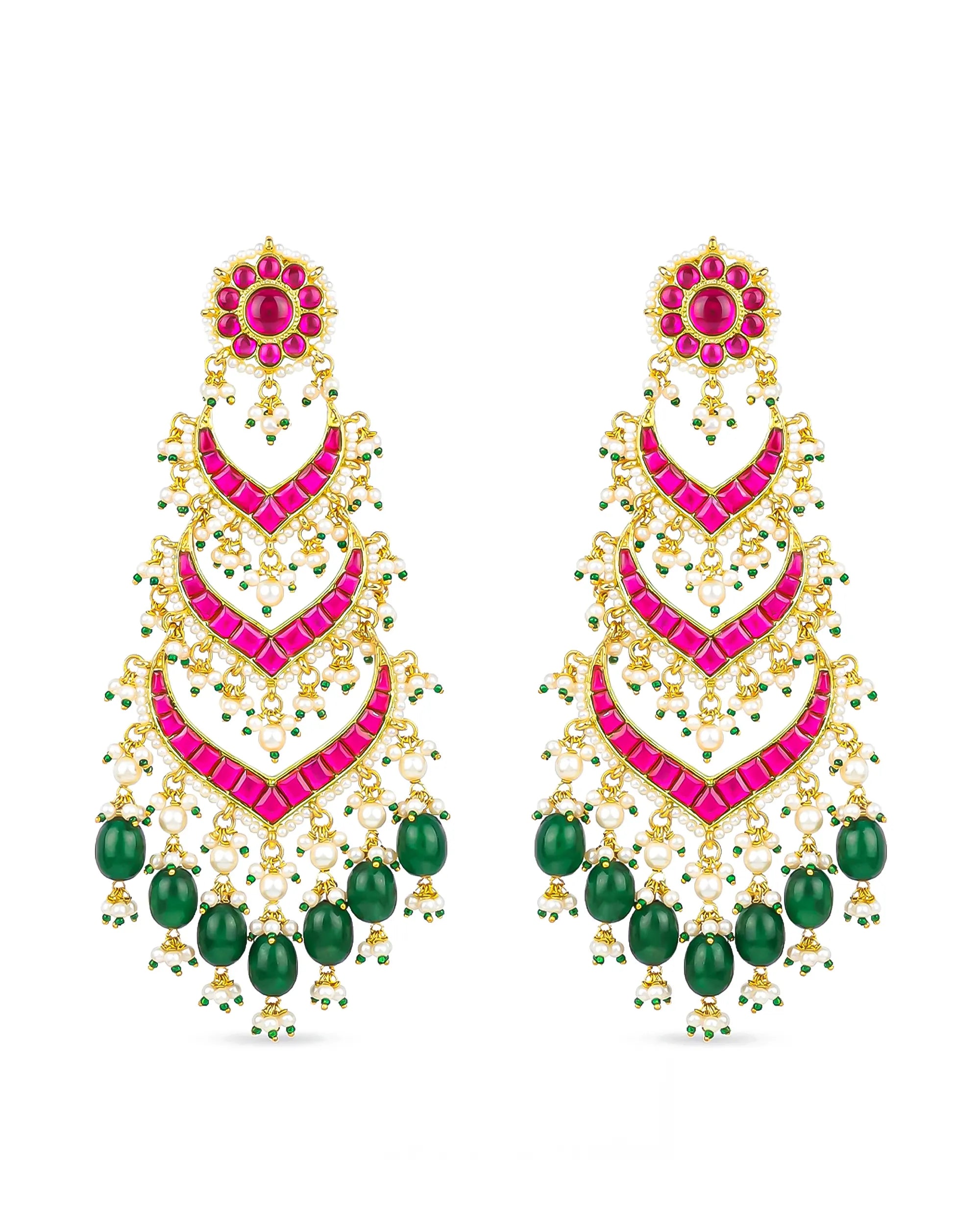 Multi Tier Ruby Pink Emerald Green Statement Chandbali Jhumka Earrings