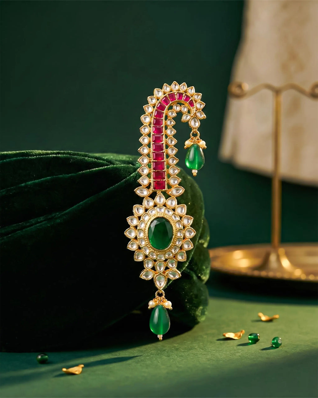 Royal Groom Kalangi Turban Brooch, Gold Plated Paisley Safa Pin with Kundan