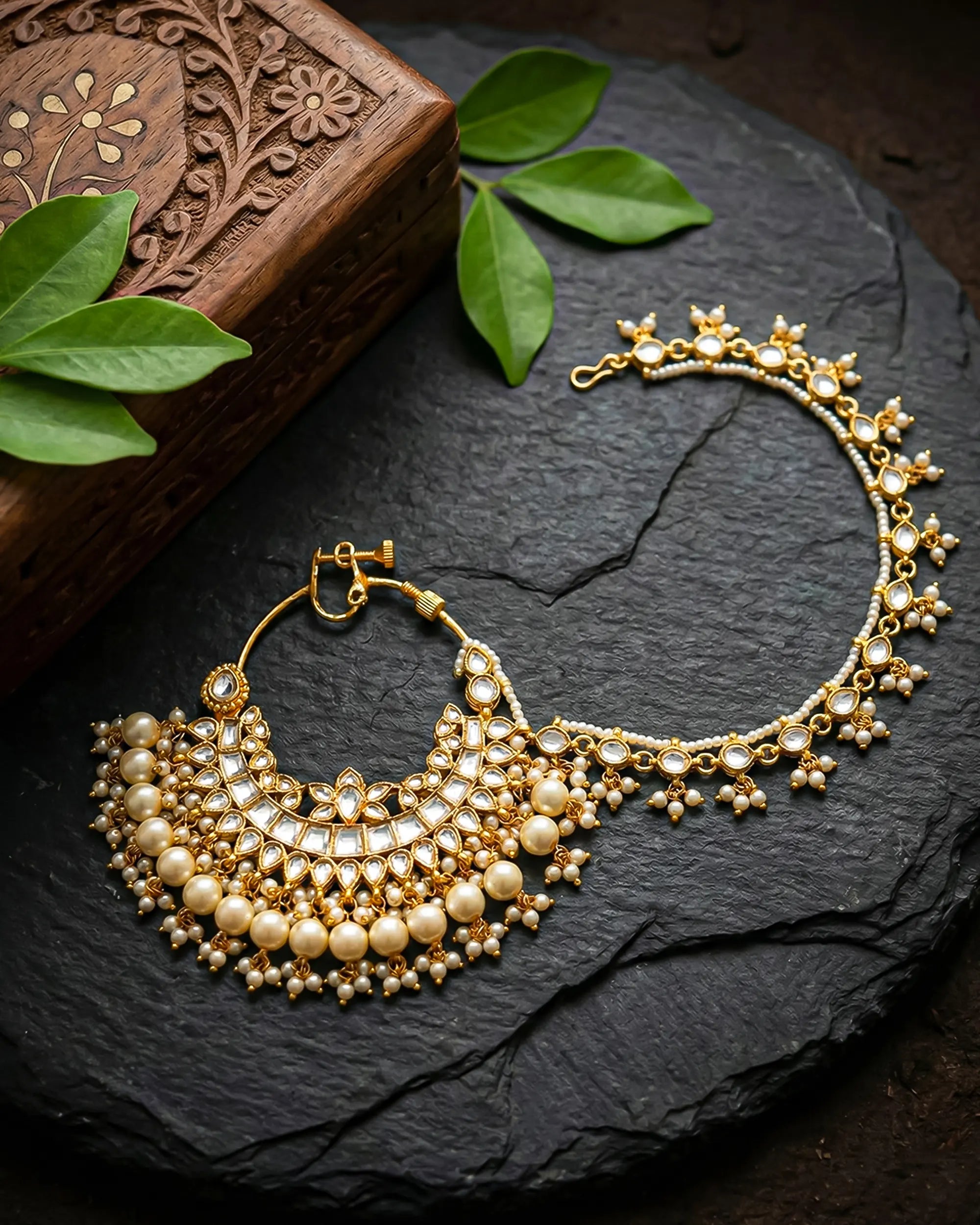 Kundan Bridal Nath with Pearl Clusters | Traditional Indian Wedding Nose Ring with Sahara Chain