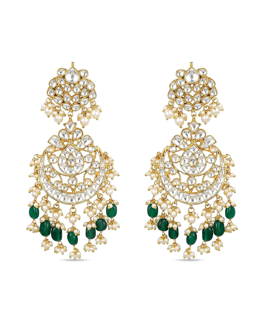 Classic Pachi Kundan Chandbali Earrings with Emerald Beads and Pearls Heritage Bridal Jewelry