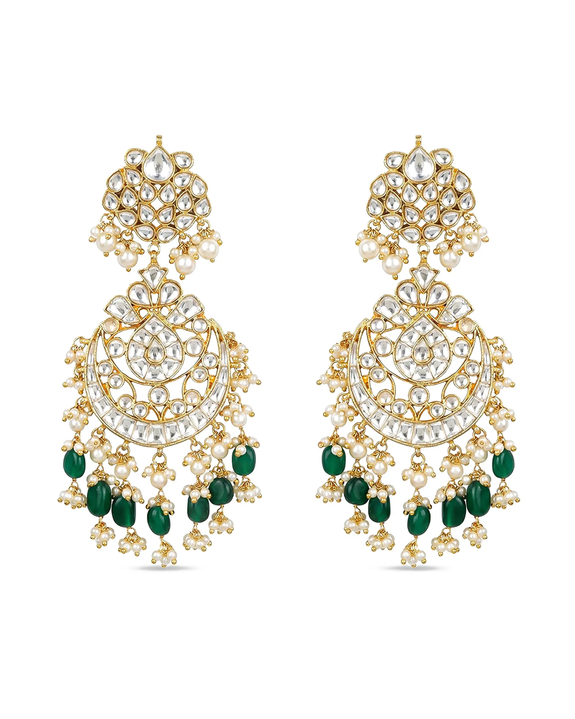 Classic Pachi Kundan Chandbali Earrings with Emerald Beads and Pearls Heritage Bridal Jewelry