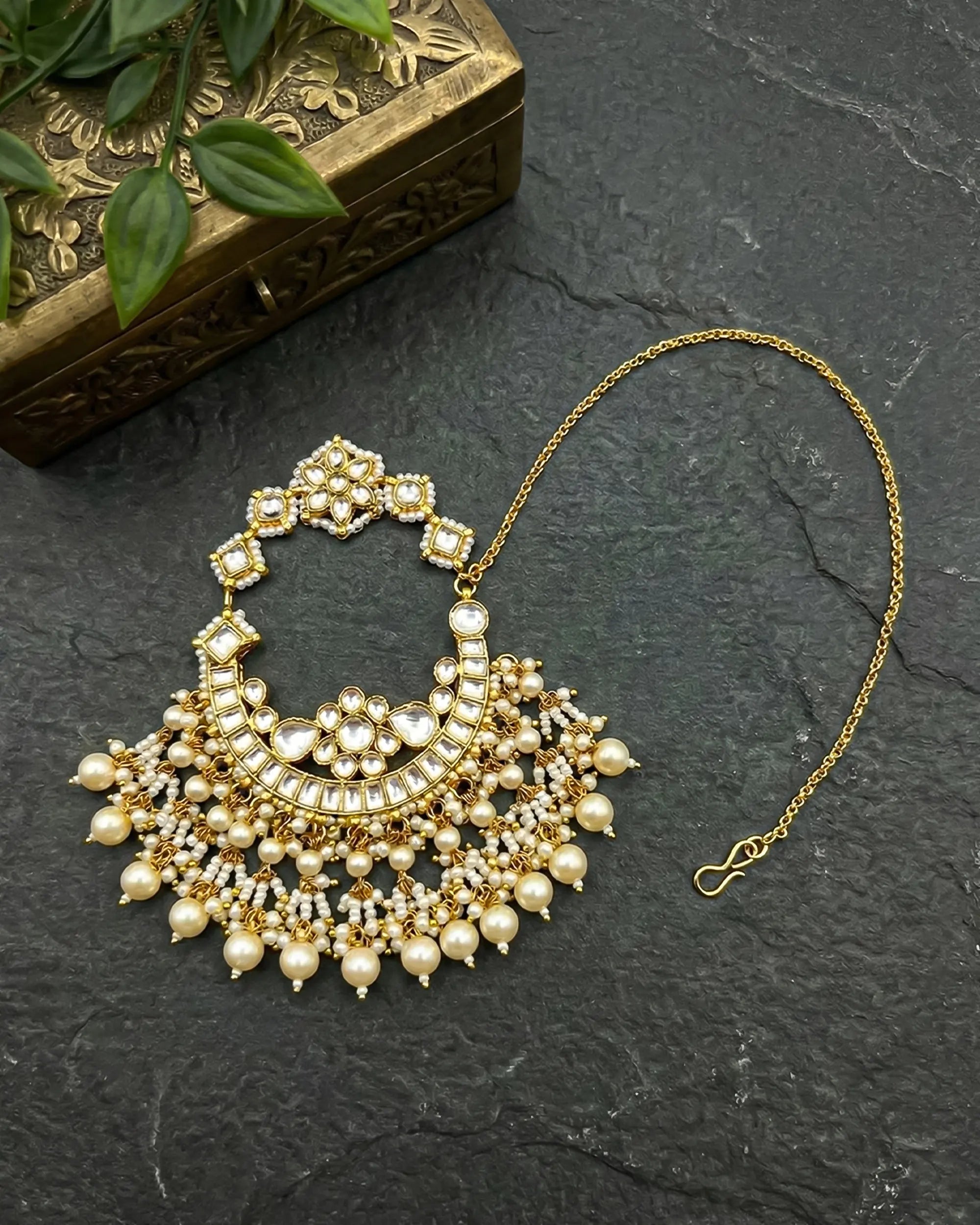 Heavy Kundan Bridal Nath | Ruby Emerald Accents, Pearl Waterfall Nose Ring