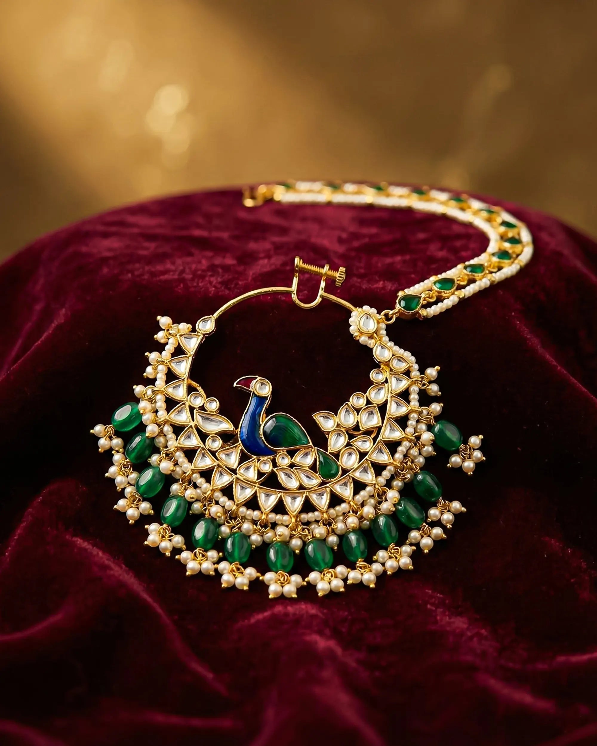 Royal Peacock Meenakari Bridal Nath | Gold Plated Kundan Emerald Nose Ring with Sahara Chain