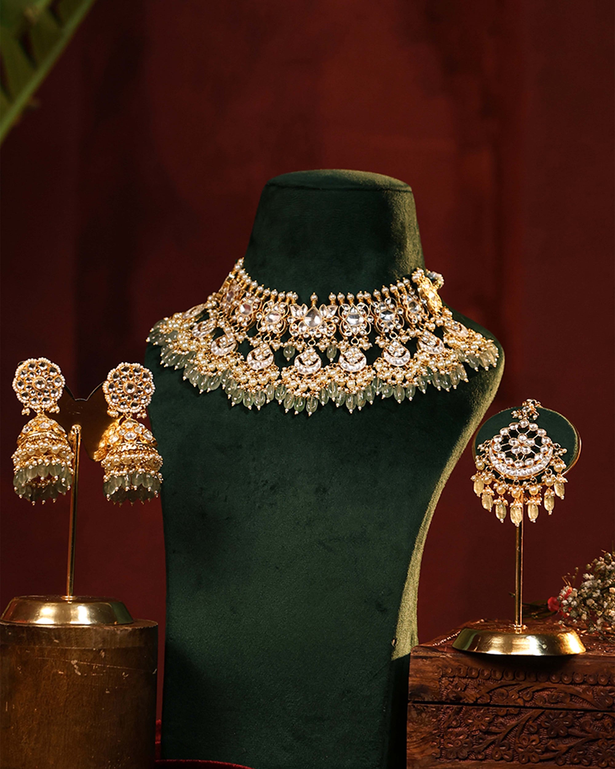 Premium Bridal Kundan Style Necklace Set with Earrings & Tikka