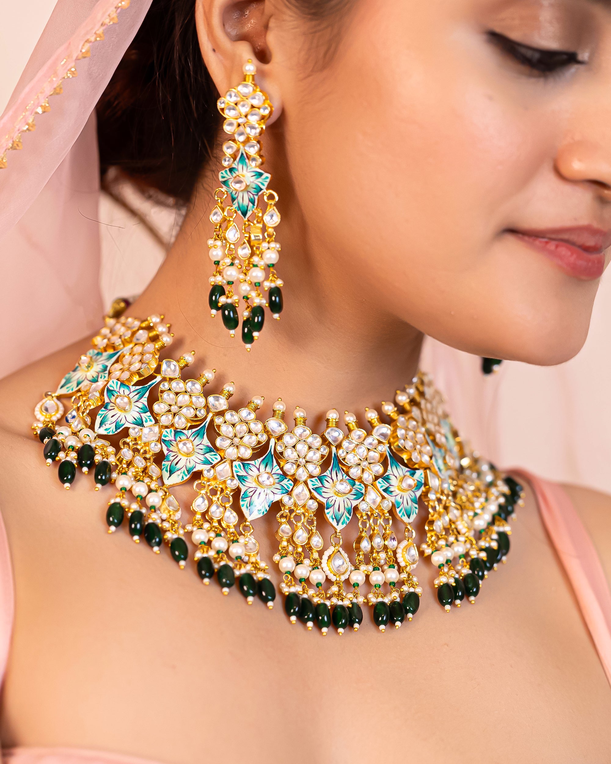 Premium Gold Finish Statement Necklace Set with Earrings