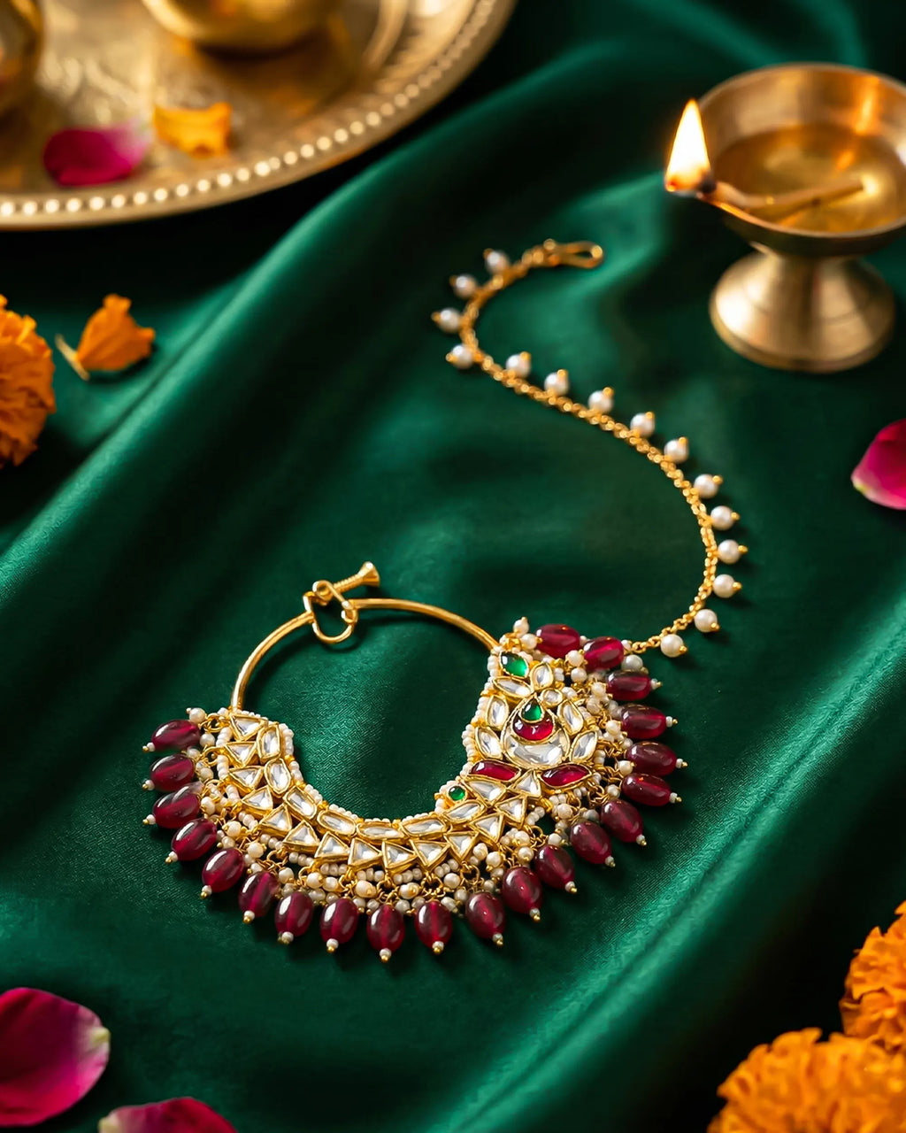 Heavy Kundan Bridal Nath, Ruby Green Pearl Drops, Sahara Chain Royal Jewelry