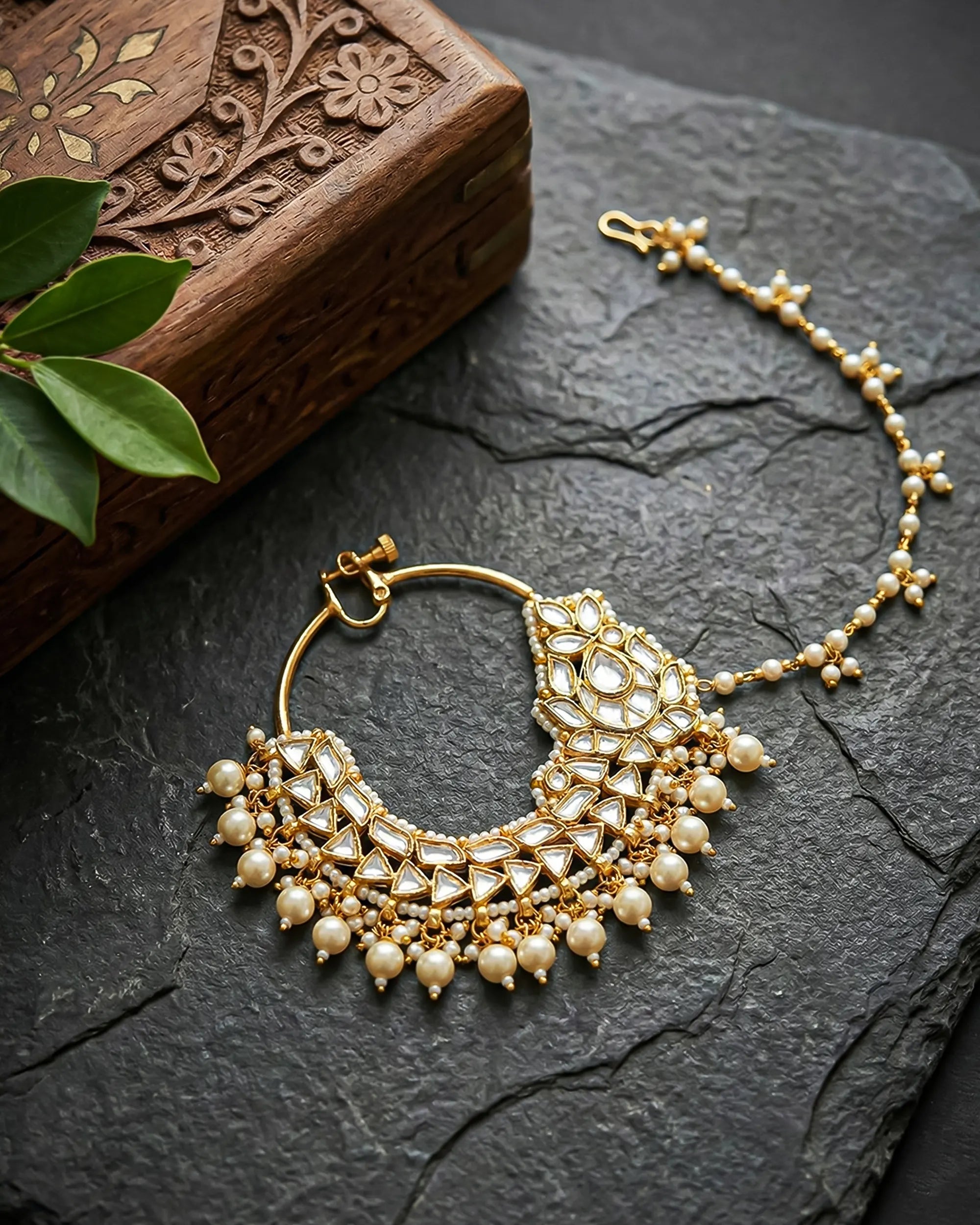 Heavy Bridal Kundan Nath with Pearl Clusters | Traditional Indian Wedding Nose Ring Sahara Chain