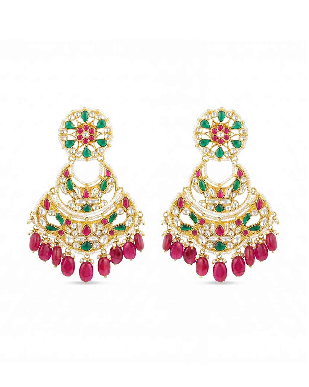 Royal Multi-Tiered Pachi Kundan Chandbali Earrings with Emerald and Pink Bead Drops