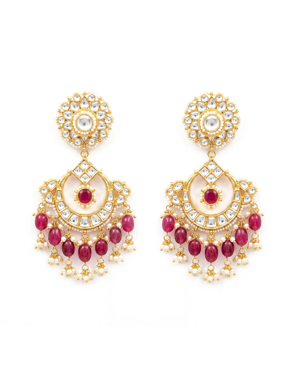 Pachi Kundan Chandbali Earrings with Ruby Accents and Pearl Ghungroos