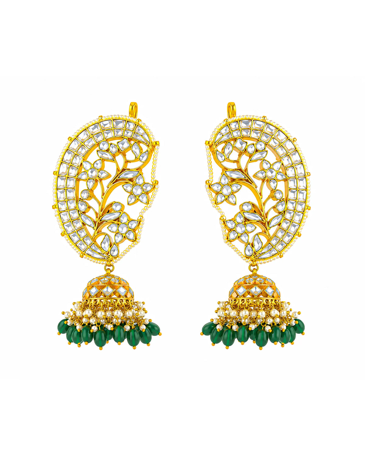 Pendientes de Kundan de celosía floral, Jhumka de cuentas esmeralda con piedra blanca, Joyería étnica llamativa