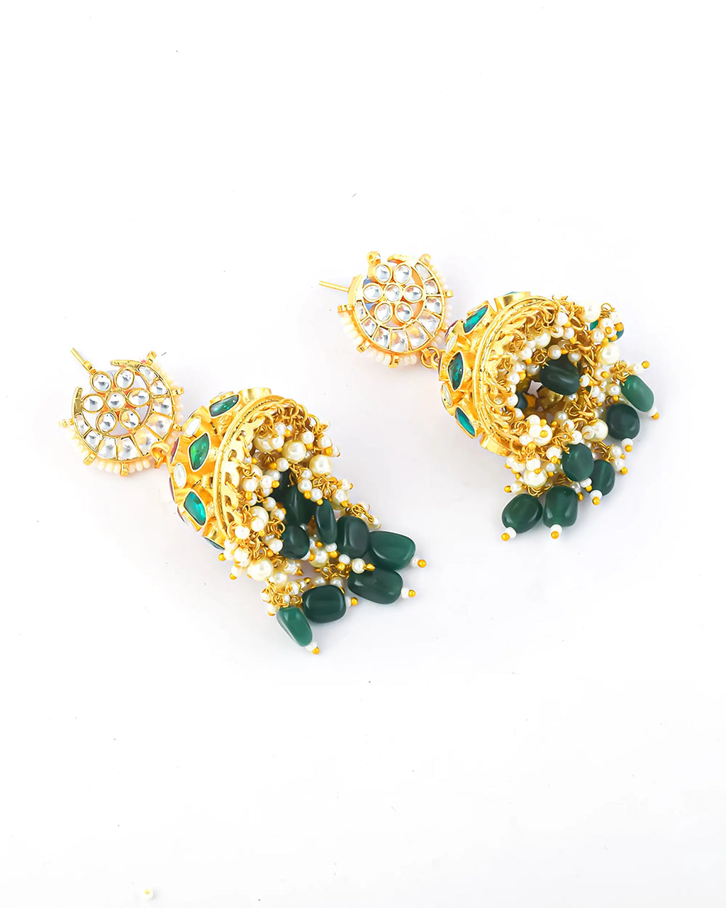 Green Kundan Jhumka Earrings, Pearl Drop Bridal Jewelry