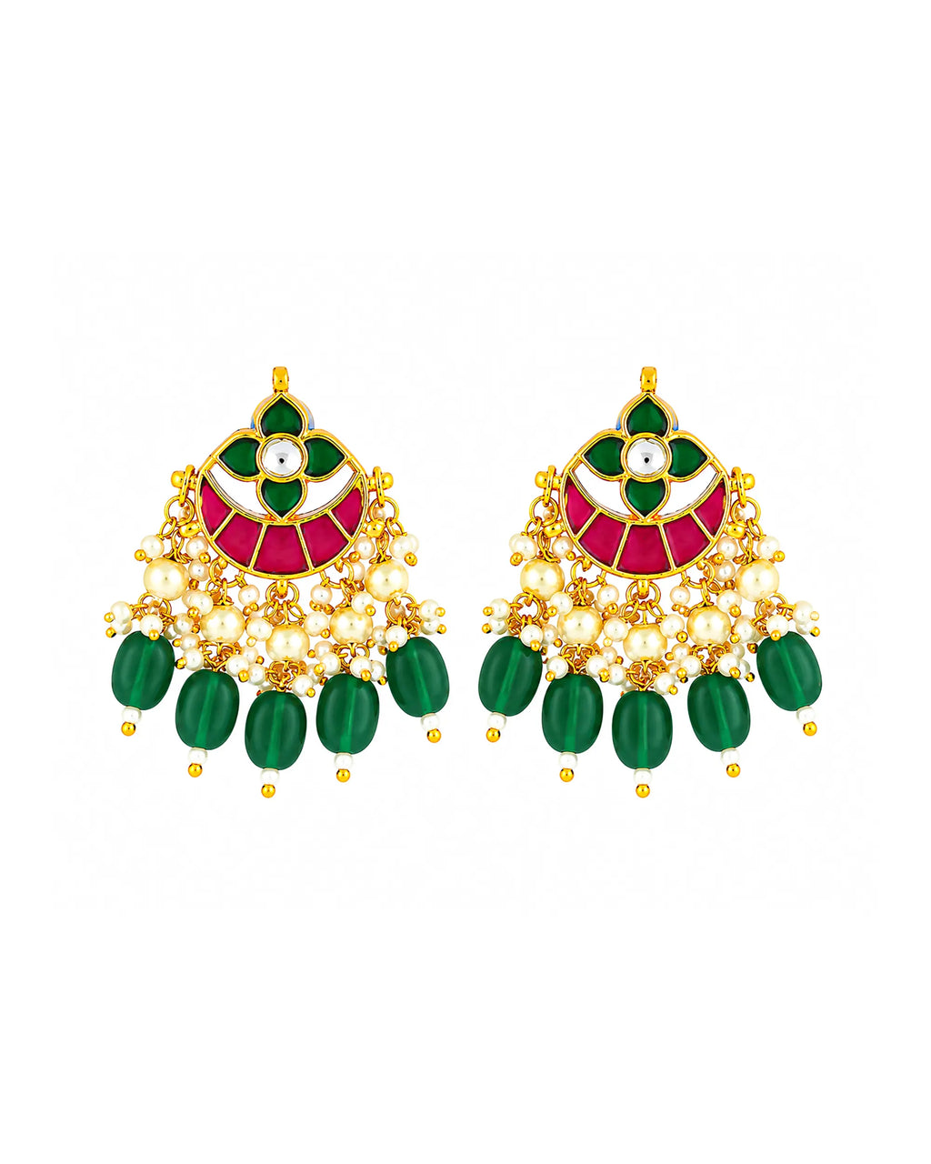 Traditional Indian Jewelry, Multi-Color Kundan Chandbalis, Emerald Bead Earrings