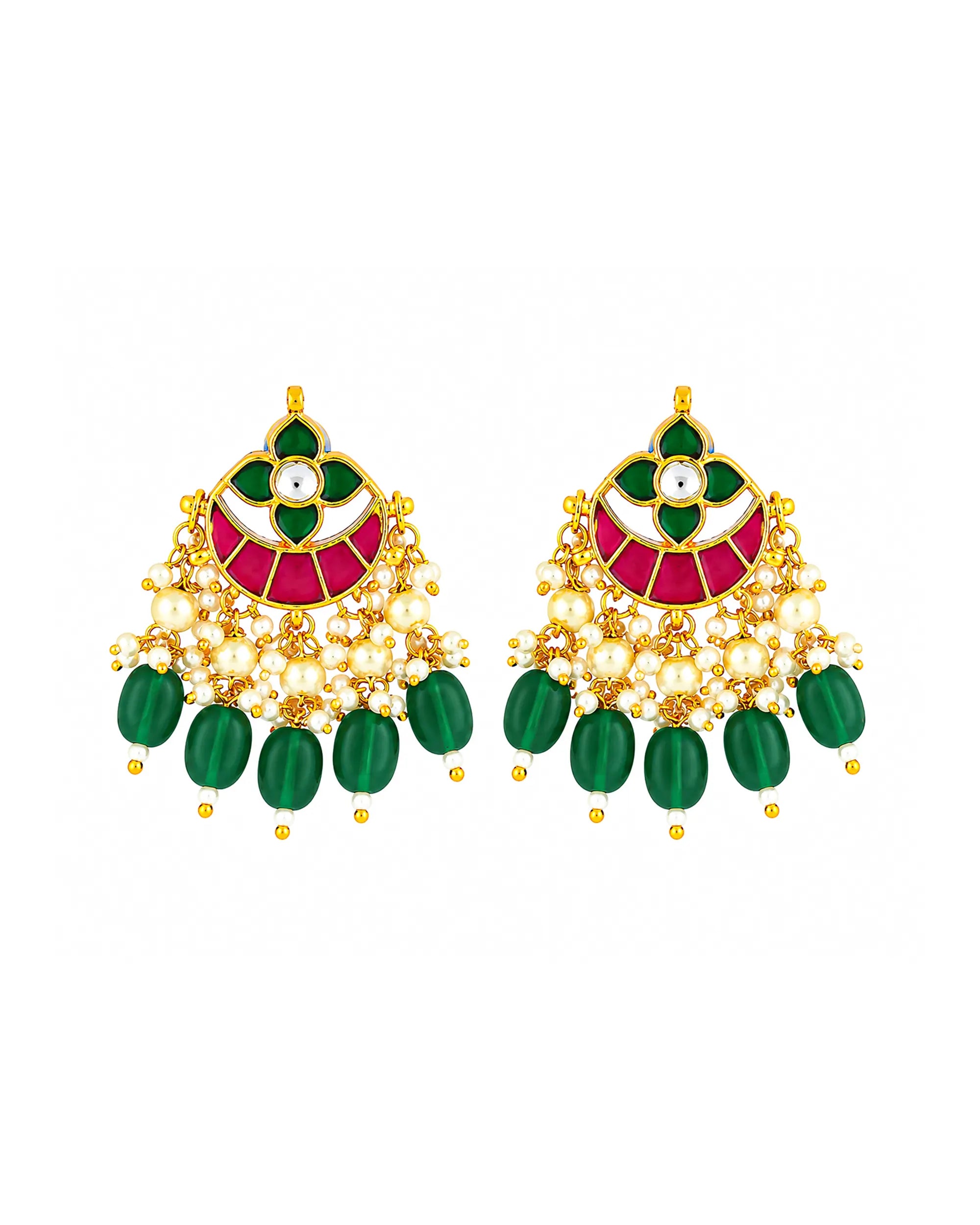Traditional Indian Jewelry, Multi-Color Kundan Chandbalis, Emerald Bead Earrings
