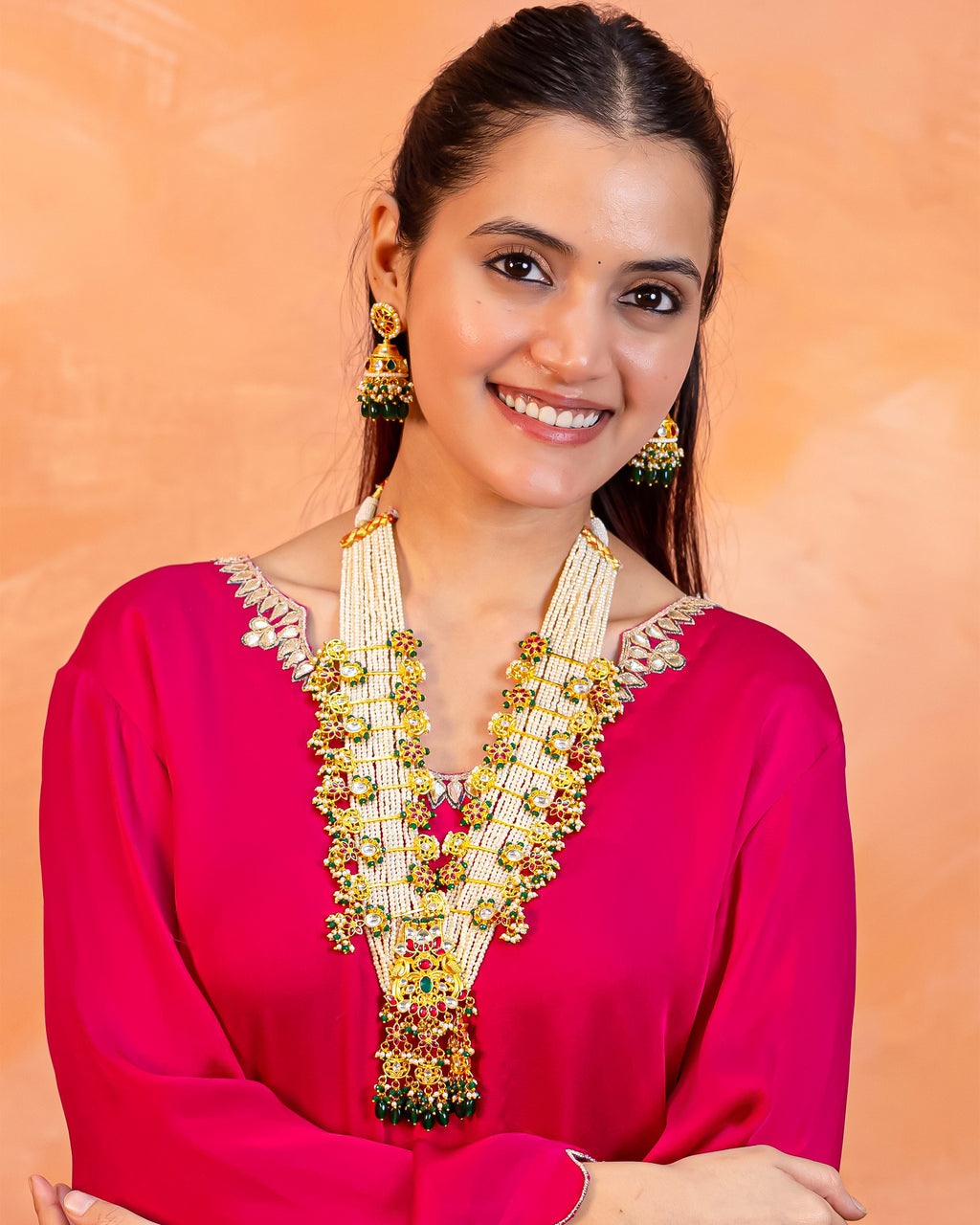 Royal Layered Rani Haar Necklace Set with Earrings