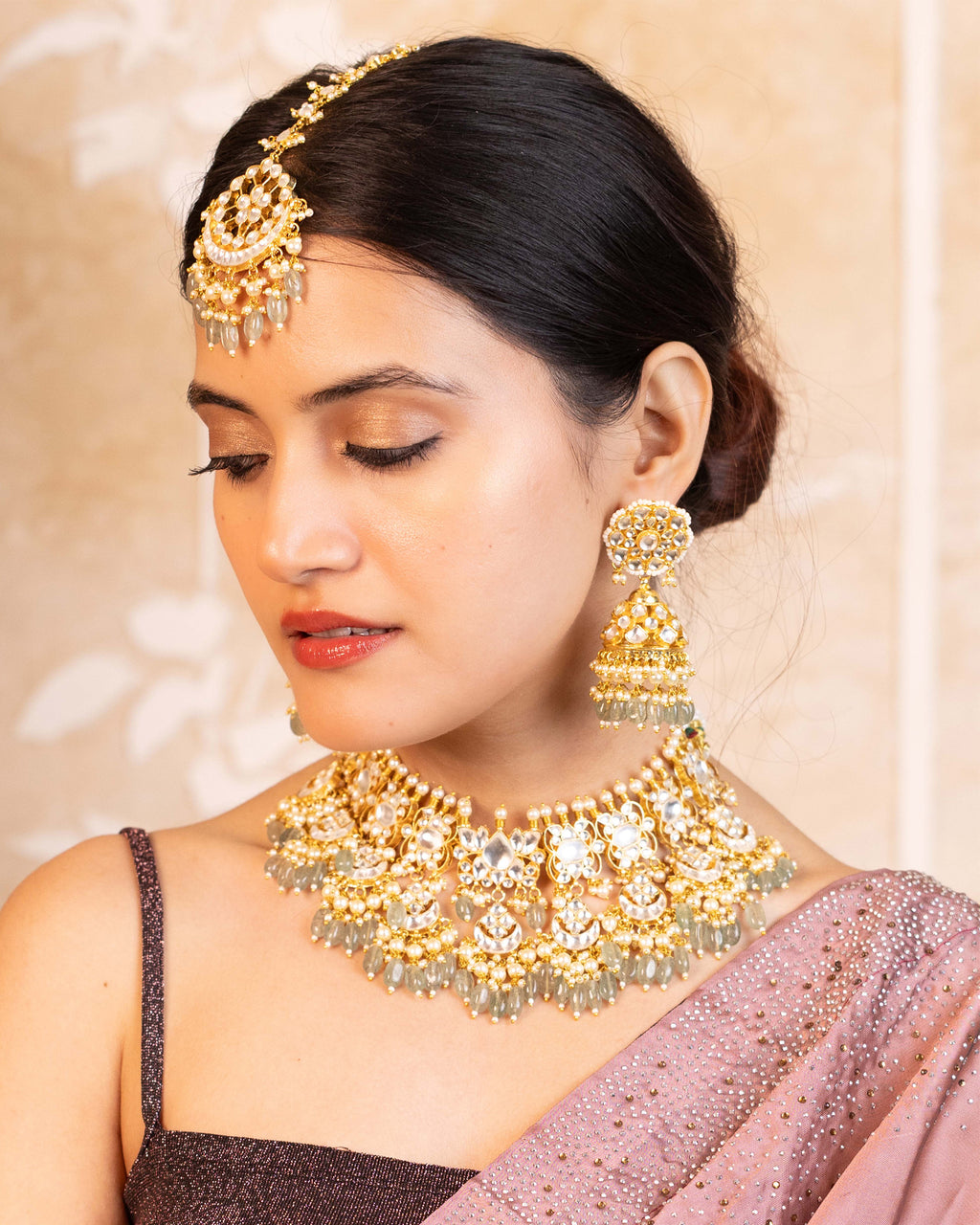 Premium Bridal Kundan Style Necklace Set with Earrings & Tikka