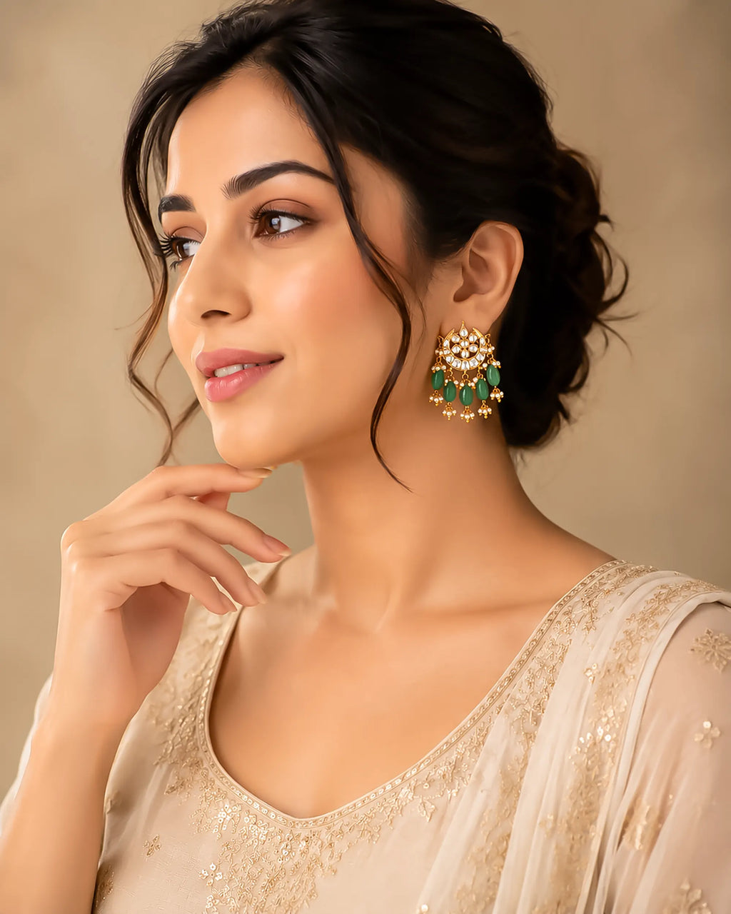 Kundan Chandbali Earrings with Mint Green Beads and Pearl Drops