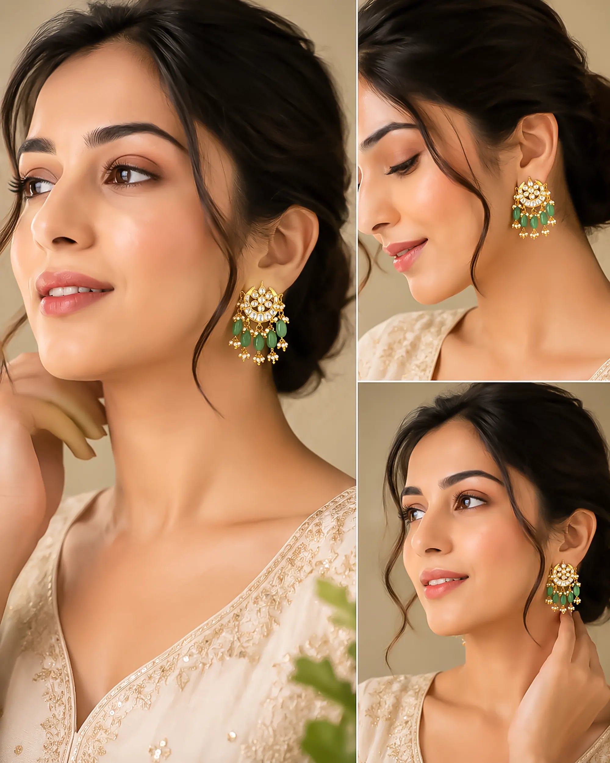 Kundan Chandbali Earrings with Mint Green Beads and Pearl Drops