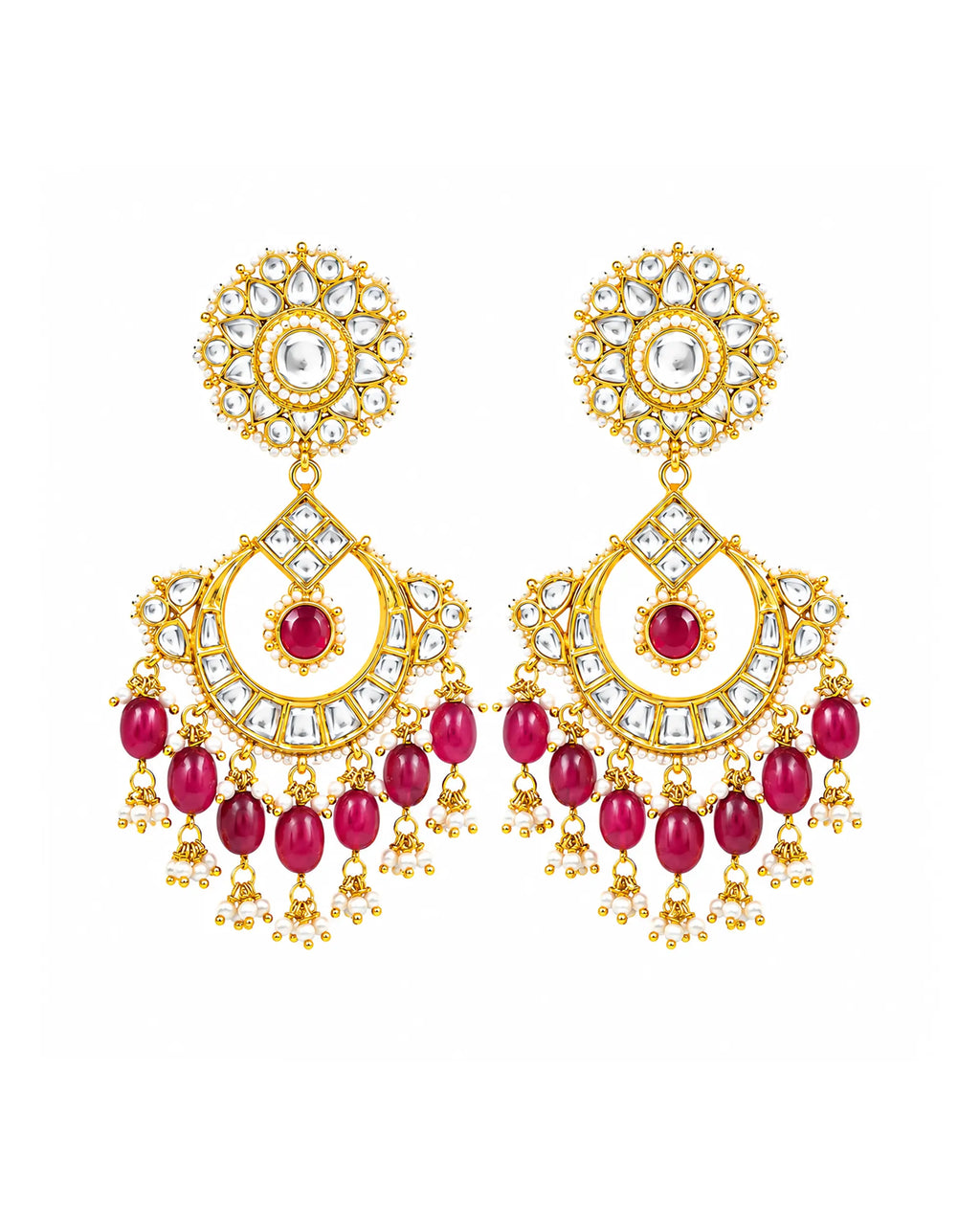 Pachi Kundan Chandbali Earrings with Ruby Accents and Pearl Ghungroos
