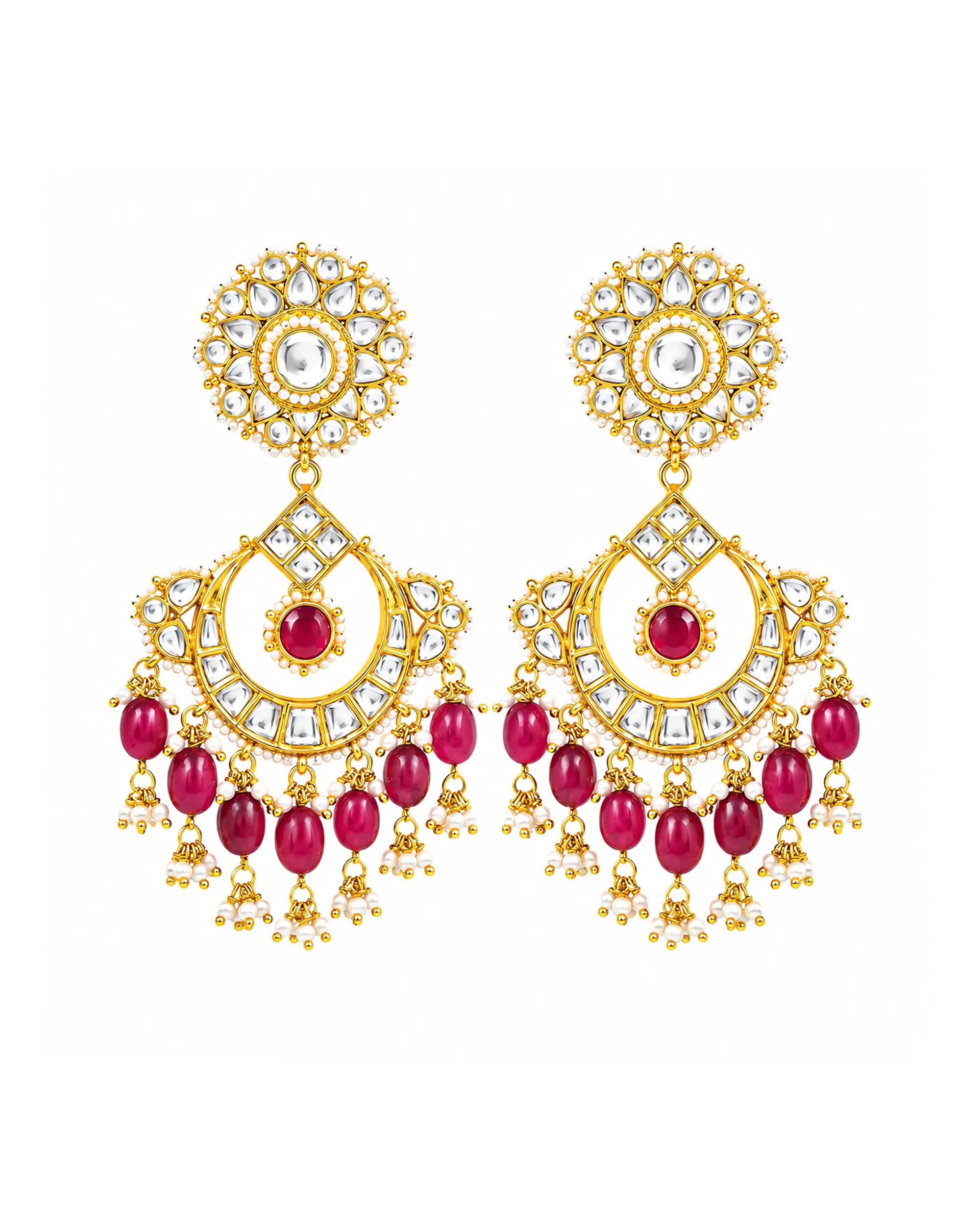 Pachi Kundan Chandbali Earrings with Ruby Accents and Pearl Ghungroos