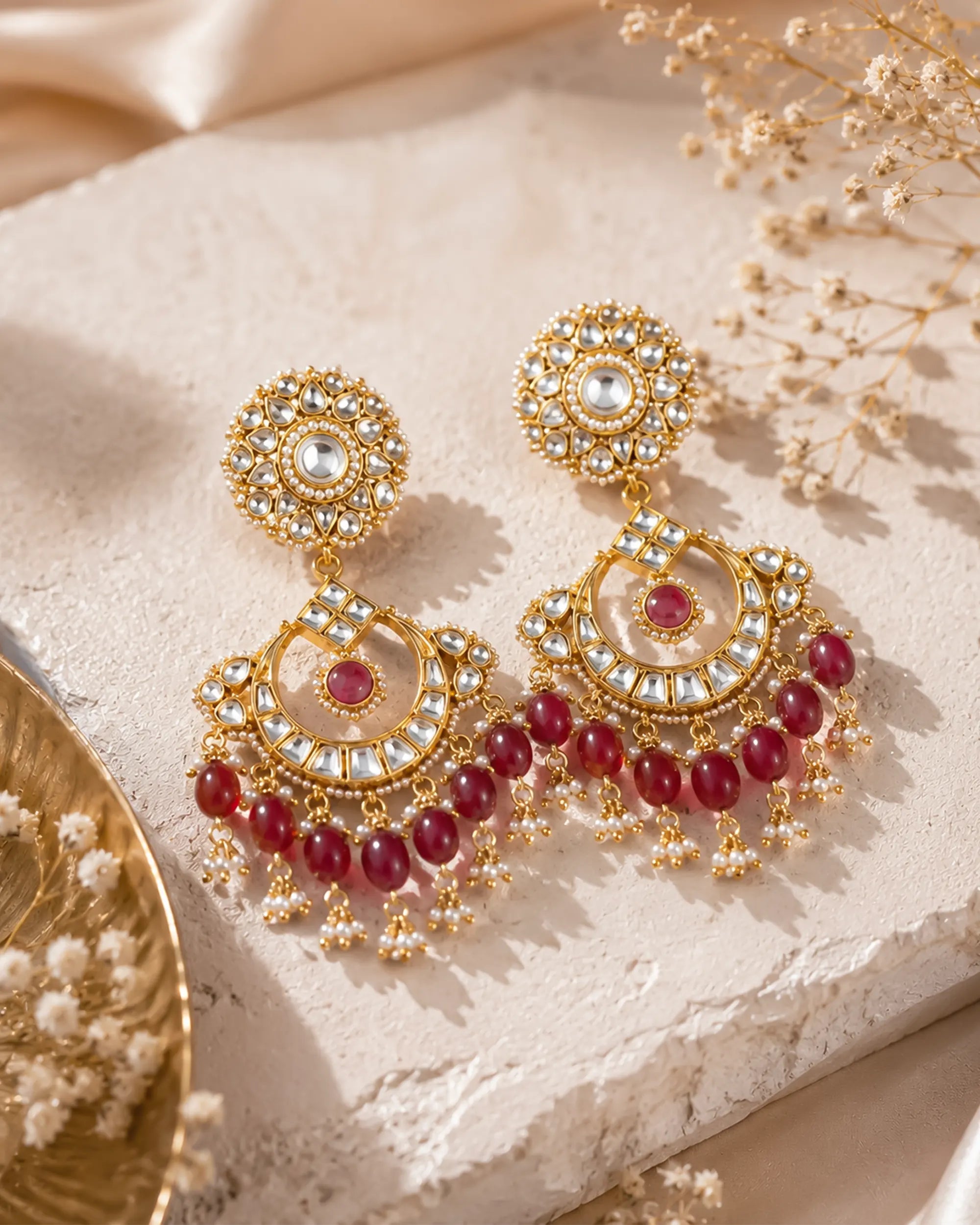 Pachi Kundan Chandbali Earrings with Ruby Accents and Pearl Ghungroos