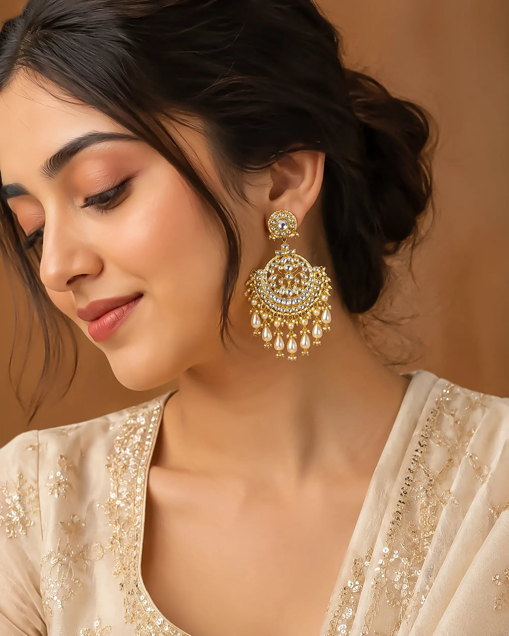 Heritage Chandbali Earrings with Champagne Pearl Teardrops