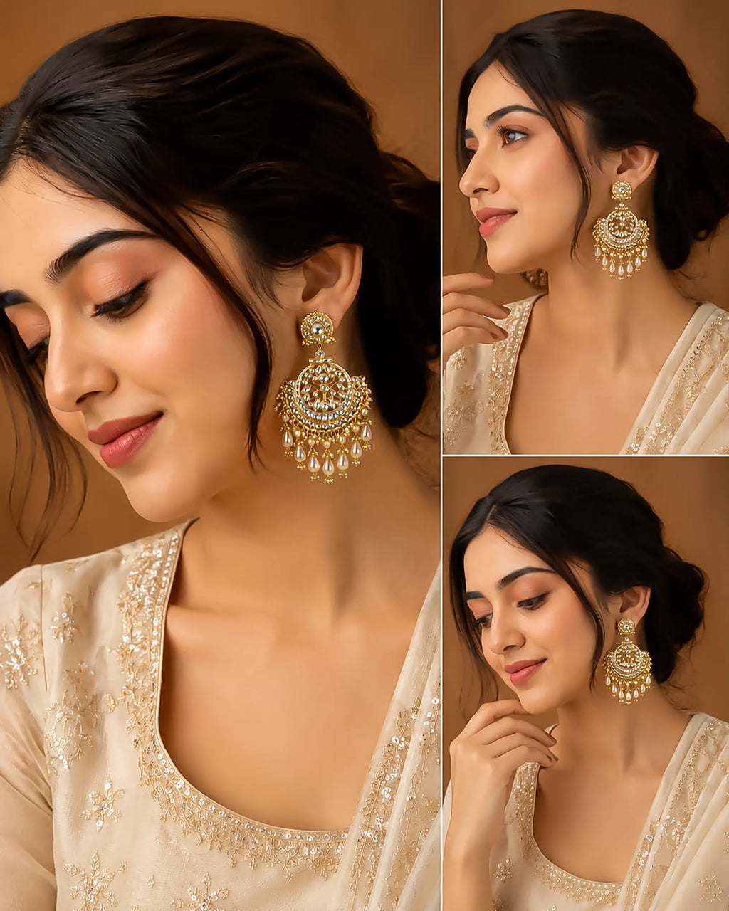Heritage Chandbali Earrings with Champagne Pearl Teardrops