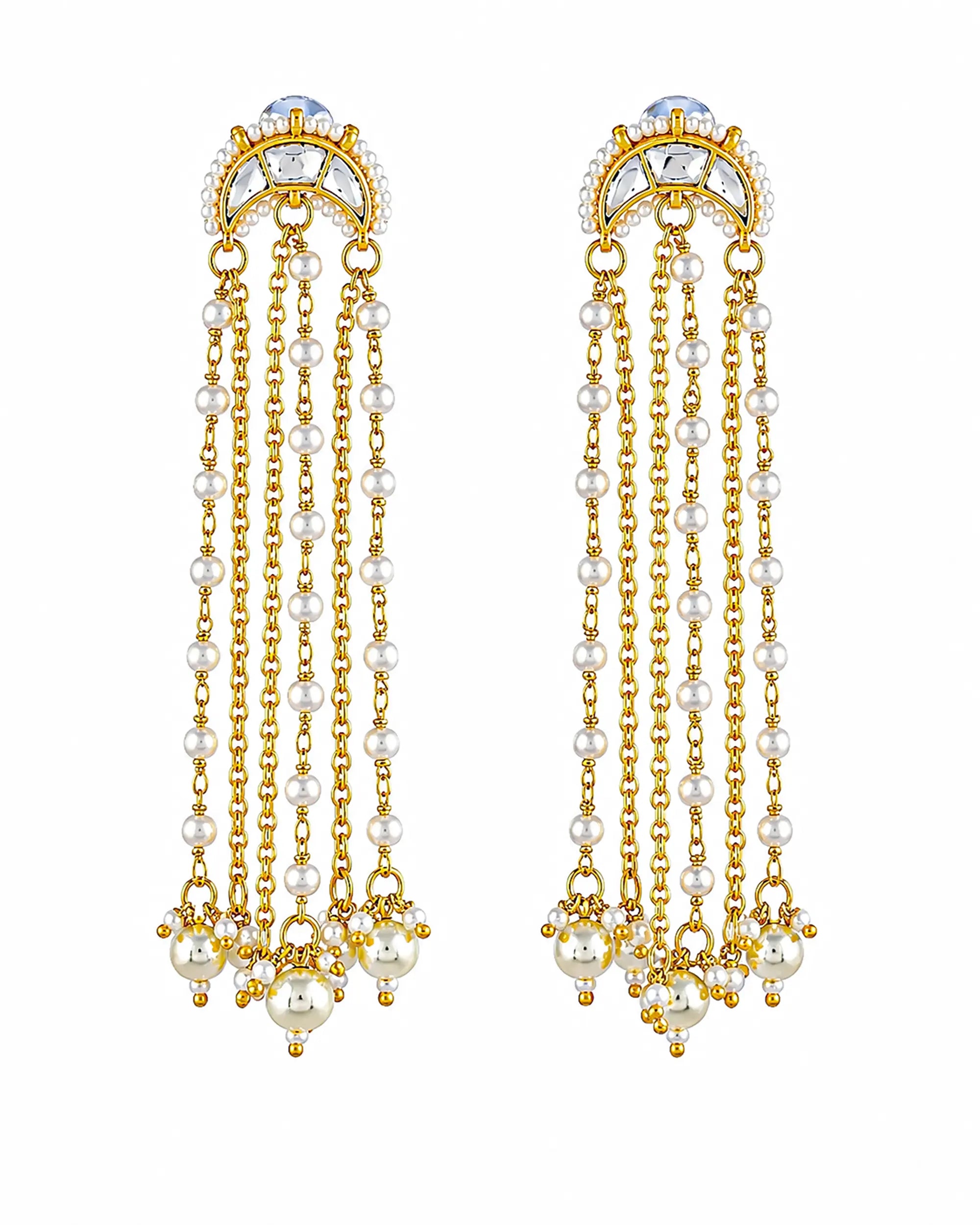 Multi Layer Pearl Chain Chand Earrings, Pachi Kundan Bridal Statement Jewellery
